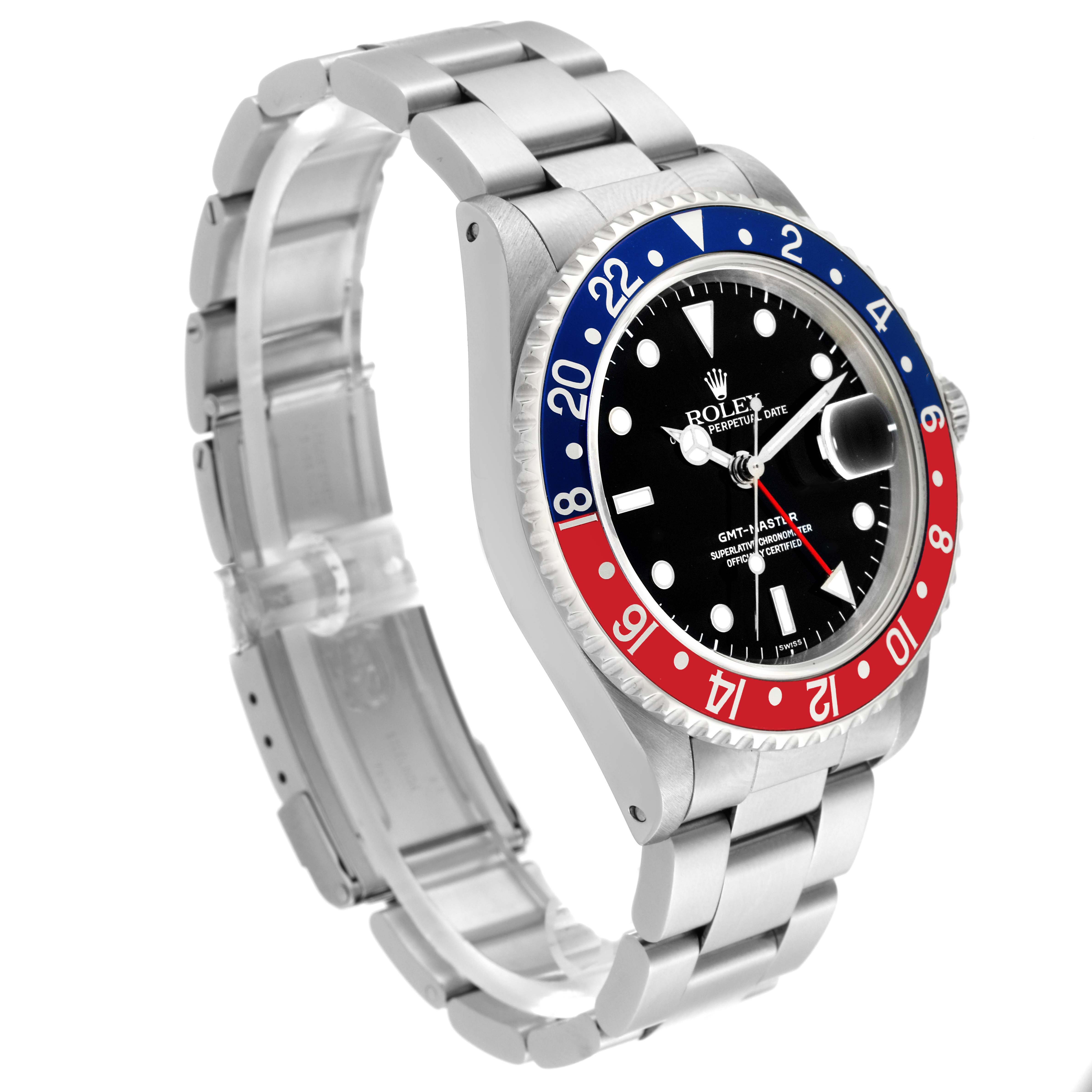 The image shows a Rolex GMT-Master 16700 Men's Stainless Steel Black Dial 16700 Men's Stainless Steel Black Dial watch at a side angle, highlighting its black dial, red and blue bezel, and stainless steel bracelet.