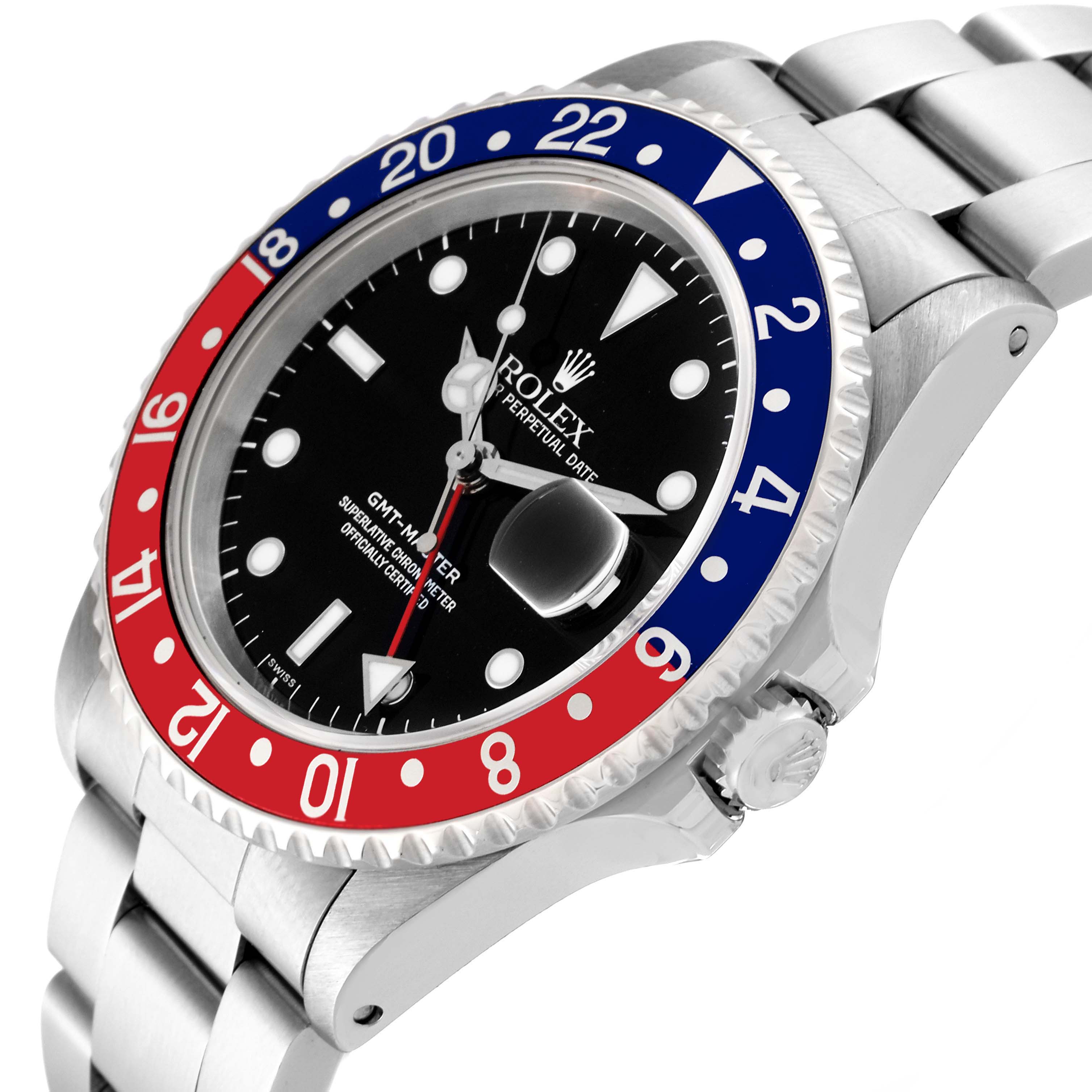 The image shows a side angle of the Rolex GMT-Master 16700 Men's Stainless Steel Black Dial 16700 Men's Stainless Steel Black Dial watch, highlighting its bezel, crown, and bracelet.