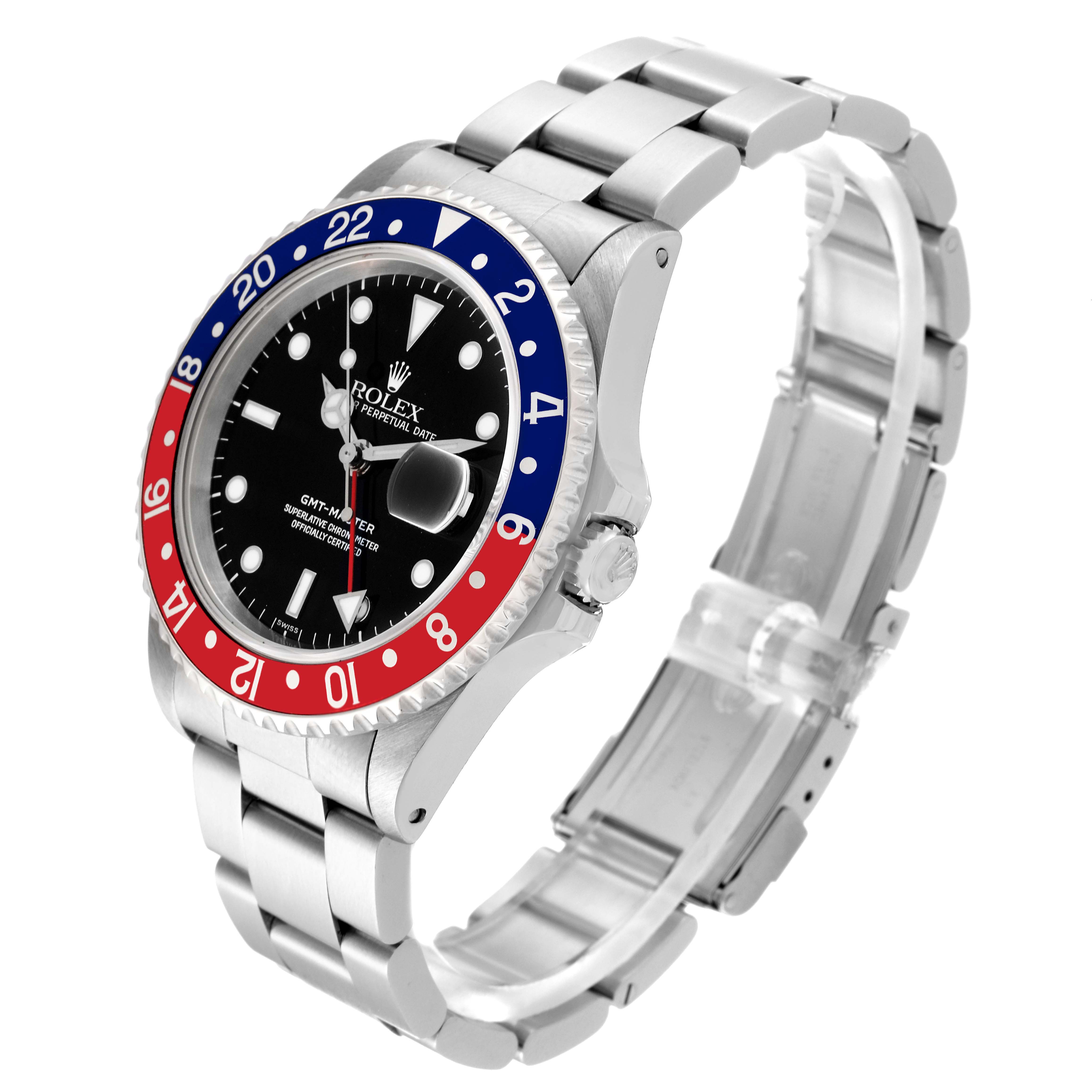 The Rolex GMT-Master 16700 Men's Stainless Steel Black Dial 16700 Men's Stainless Steel Black Dial watch is shown at a slight right angle, displaying the bezel, dial, crown, and part of the bracelet.