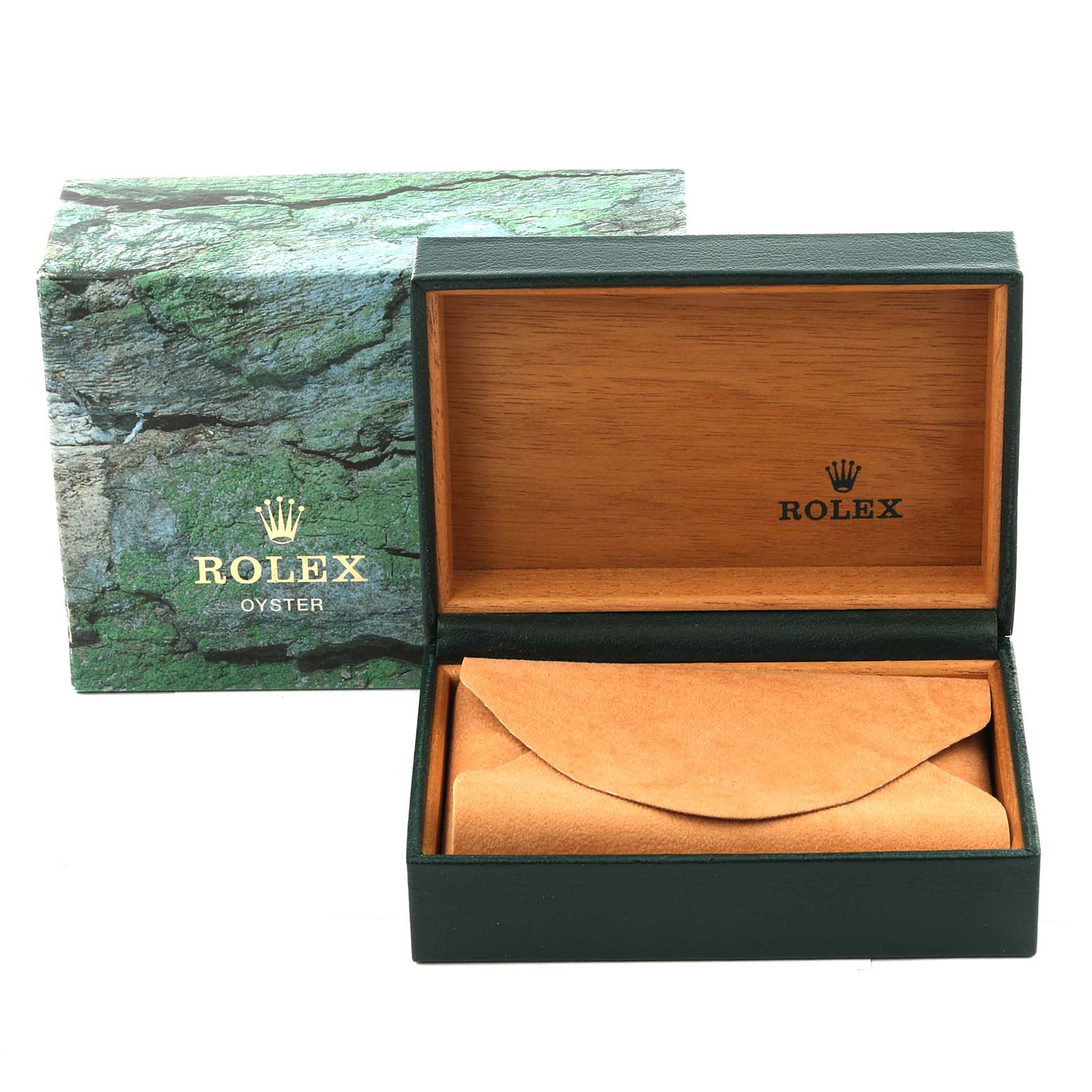 The image shows the packaging of a Rolex GMT-Master 16700 Men's Stainless Steel Black Dial 16700 Men's Stainless Steel Black Dial watch, including the outer box, inner wooden box, and a suede pouch.