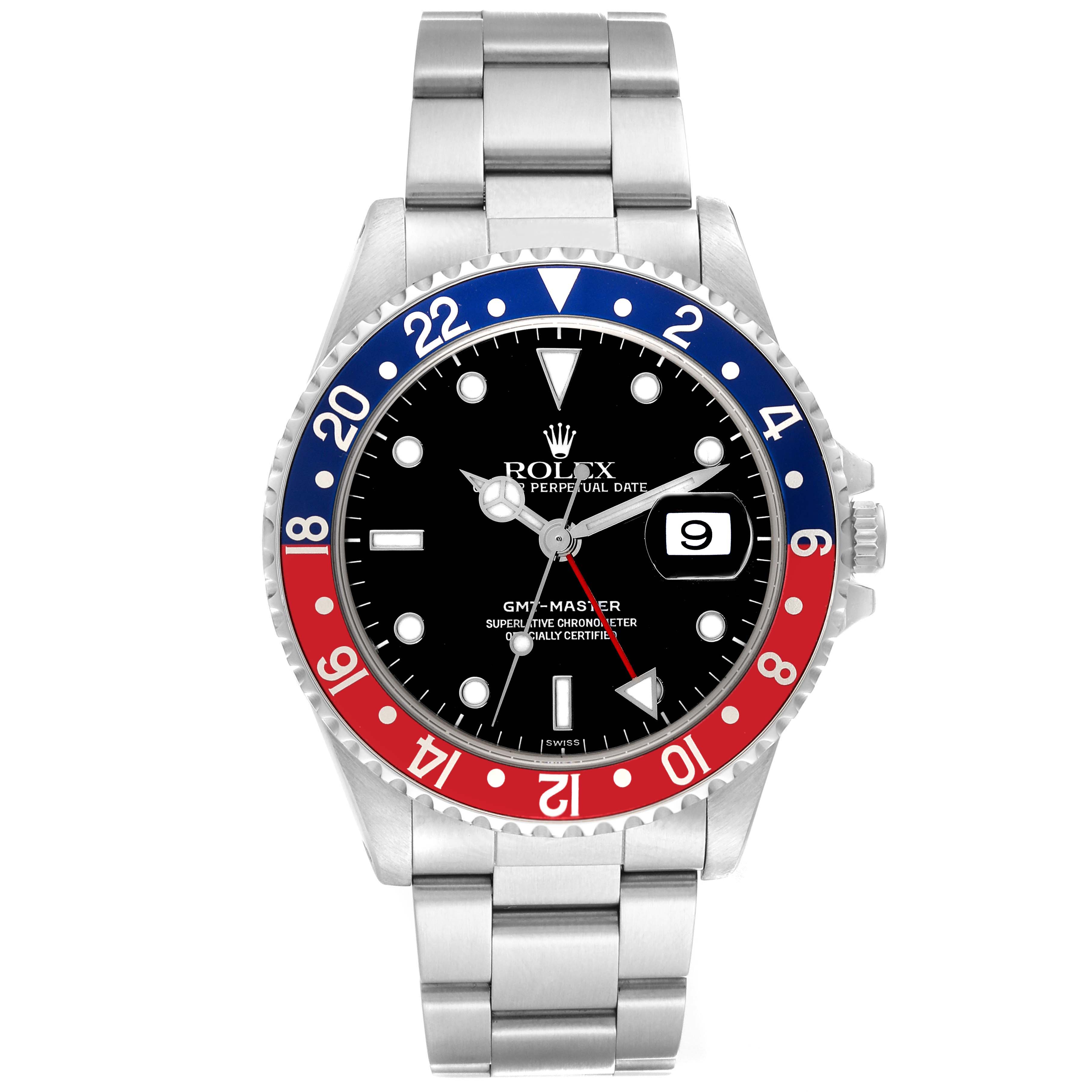 The image shows a front view of a Rolex GMT-Master 16700 Men's Stainless Steel Black Dial 16700 Men's Stainless Steel Black Dial watch, highlighting the dial, bezel, bracelet, and date window.
