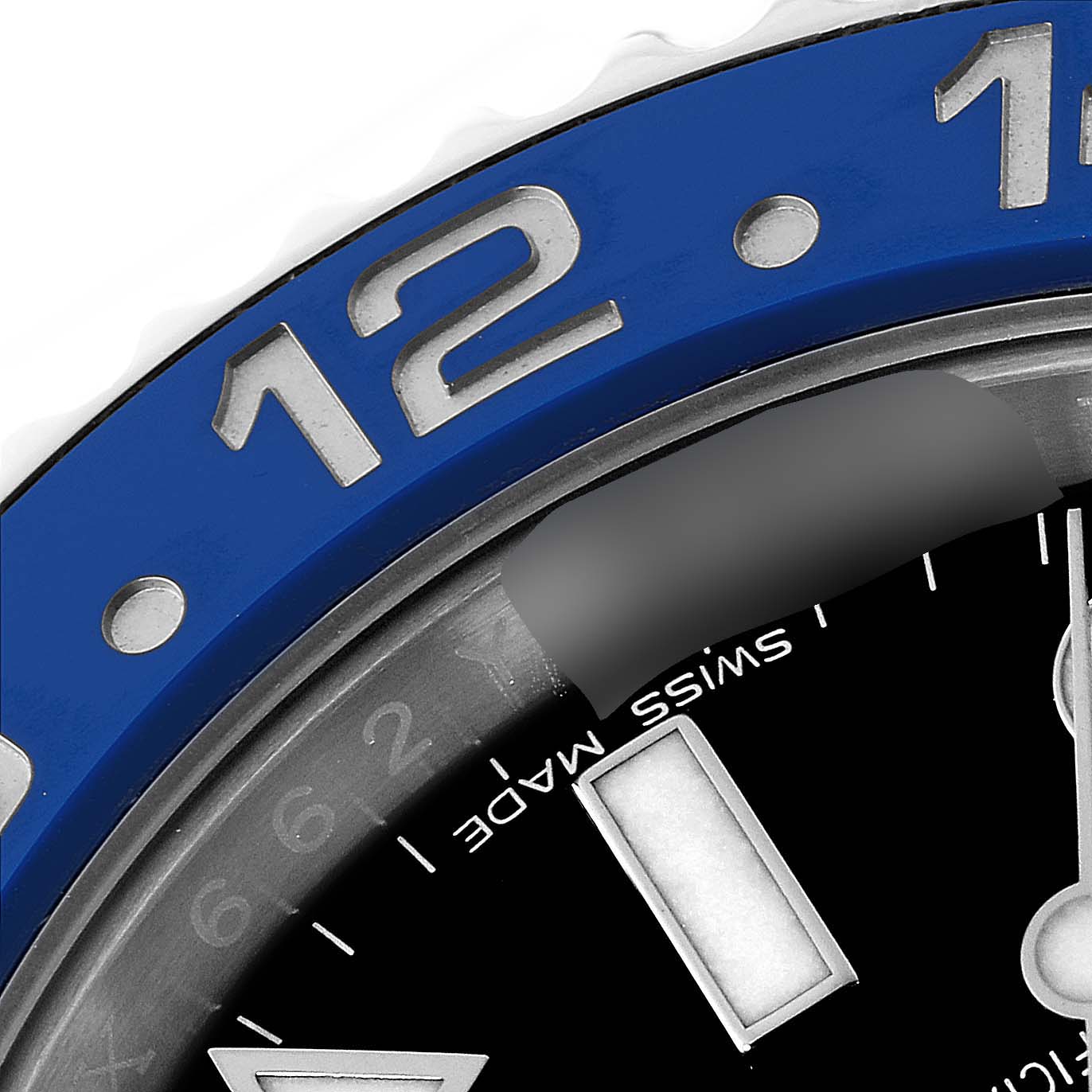 The image shows a close-up of the bezel and dial of a Rolex GMT-Master 116710 Men's Stainless Steel Black Dial 116710 Men's Stainless Steel Black Dial watch.