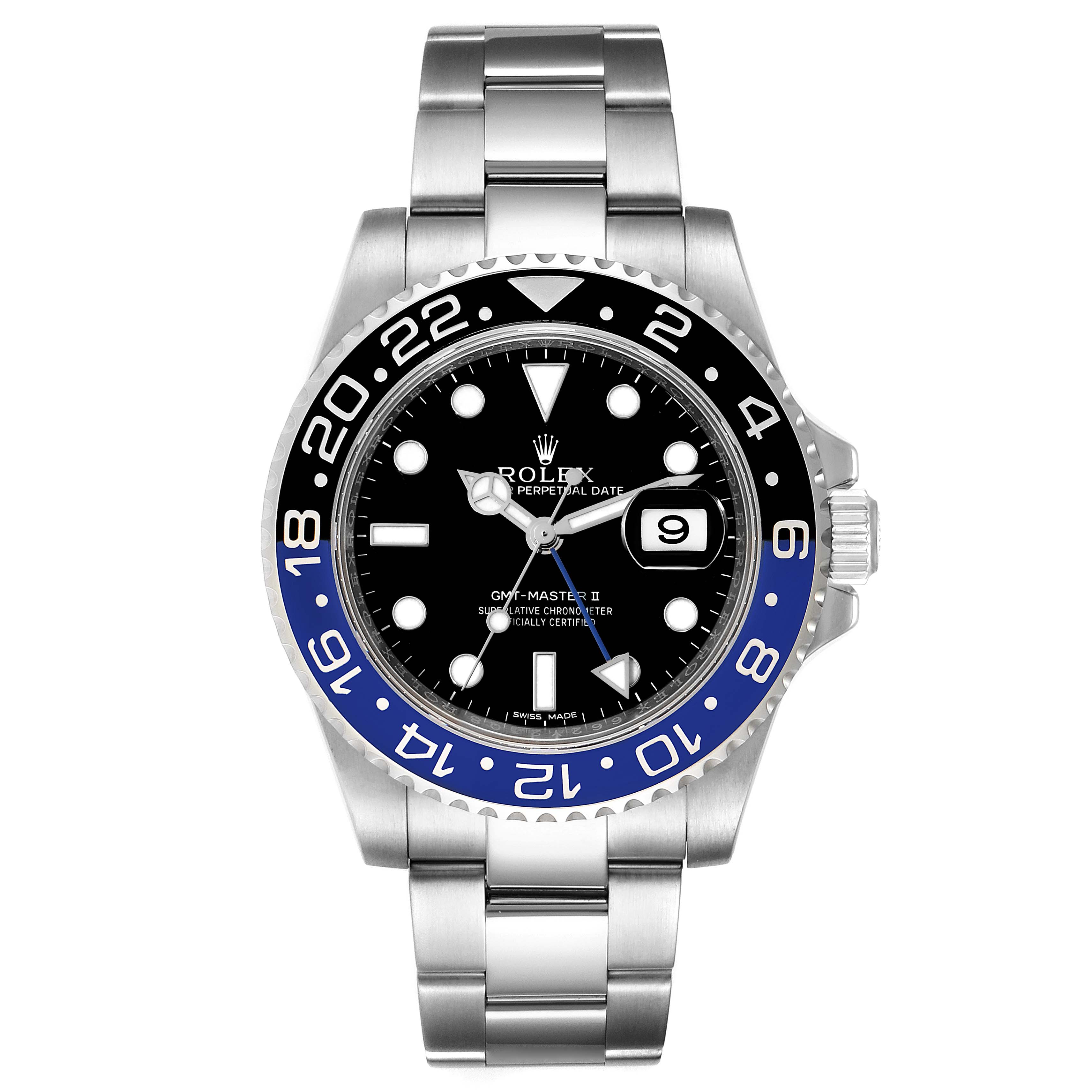 This is a front view of the Rolex GMT-Master 116710 Men's Stainless Steel Black Dial 116710 Men's Stainless Steel Black Dial II watch, showcasing its bezel, dial, hands, and bracelet.
