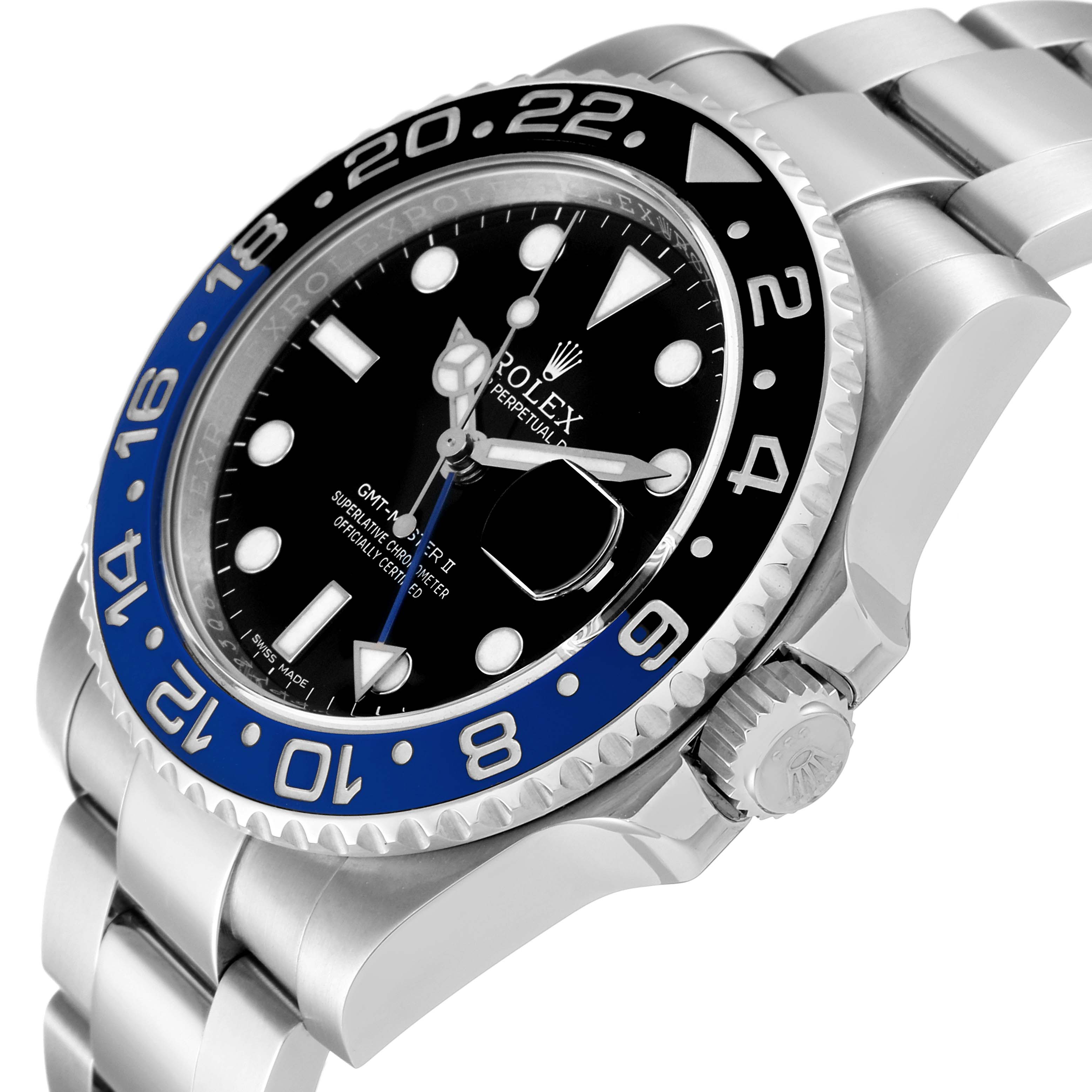 The image shows a partial side angle of a Rolex GMT-Master 116710 Men's Stainless Steel Black Dial 116710 Men's Stainless Steel Black Dial watch, highlighting the bezel, crown, and bracelet.