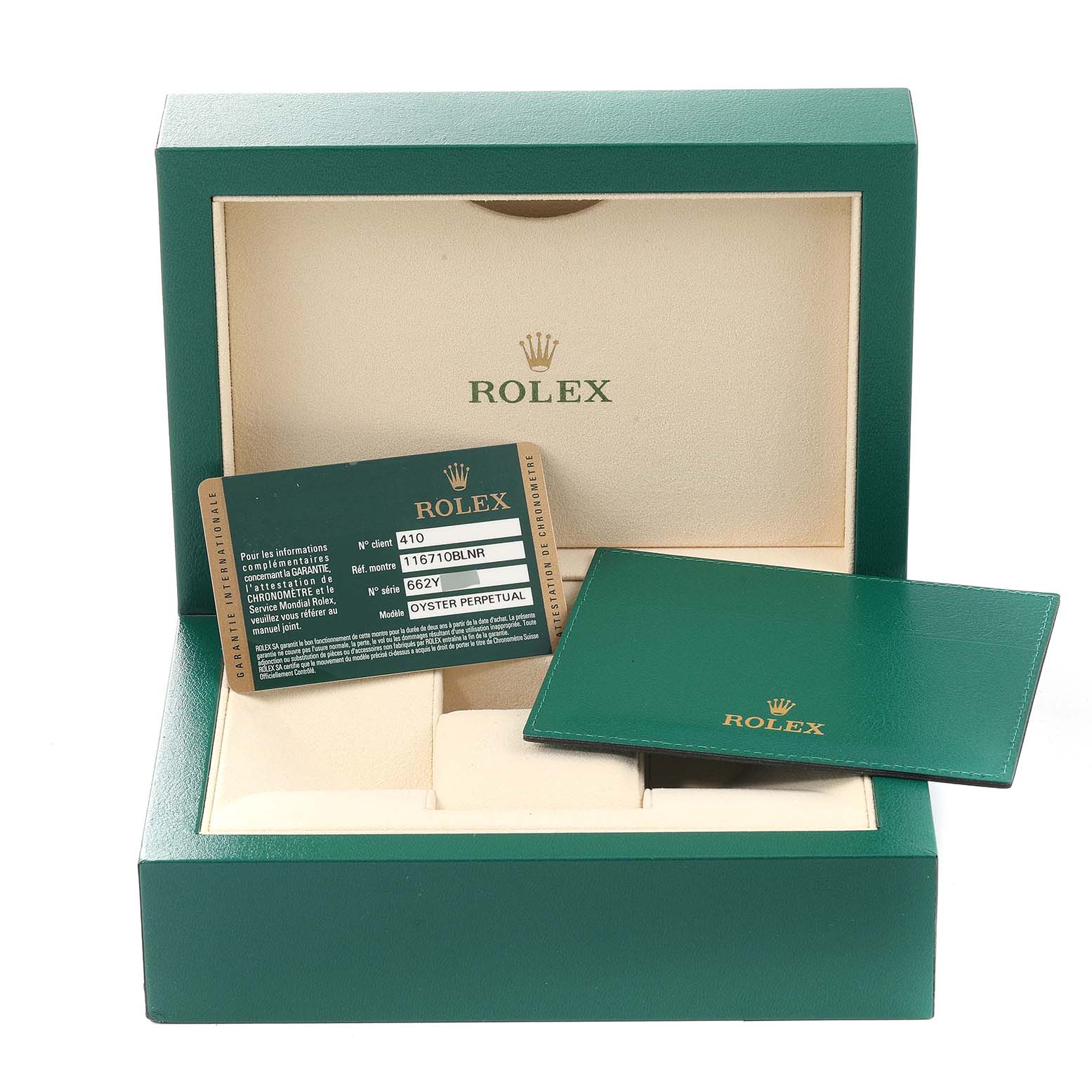 The image shows the open packaging box, warranty card, and cardholder for a Rolex GMT-Master 116710 Men's Stainless Steel Black Dial 116710 Men's Stainless Steel Black Dial watch.