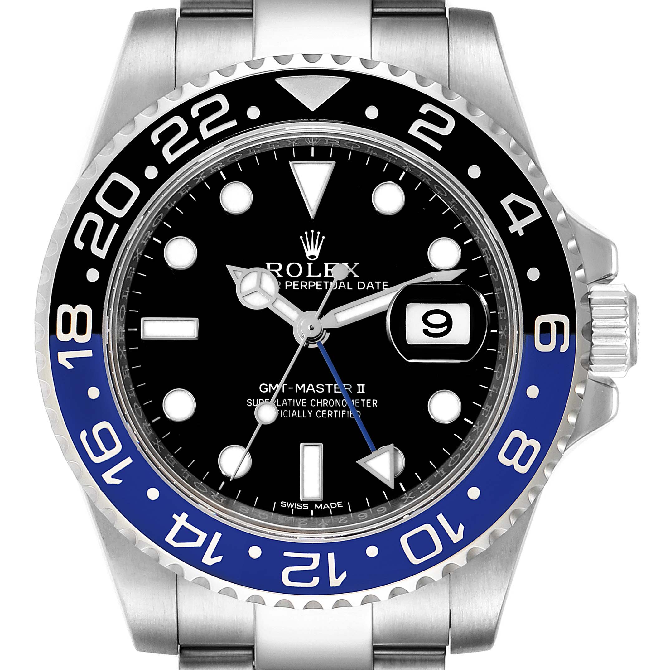 The Rolex GMT-Master 116710 Men's Stainless Steel Black Dial 116710 Men's Stainless Steel Black Dial II watch is shown from a front angle, highlighting its dial, bezel, and part of the bracelet.