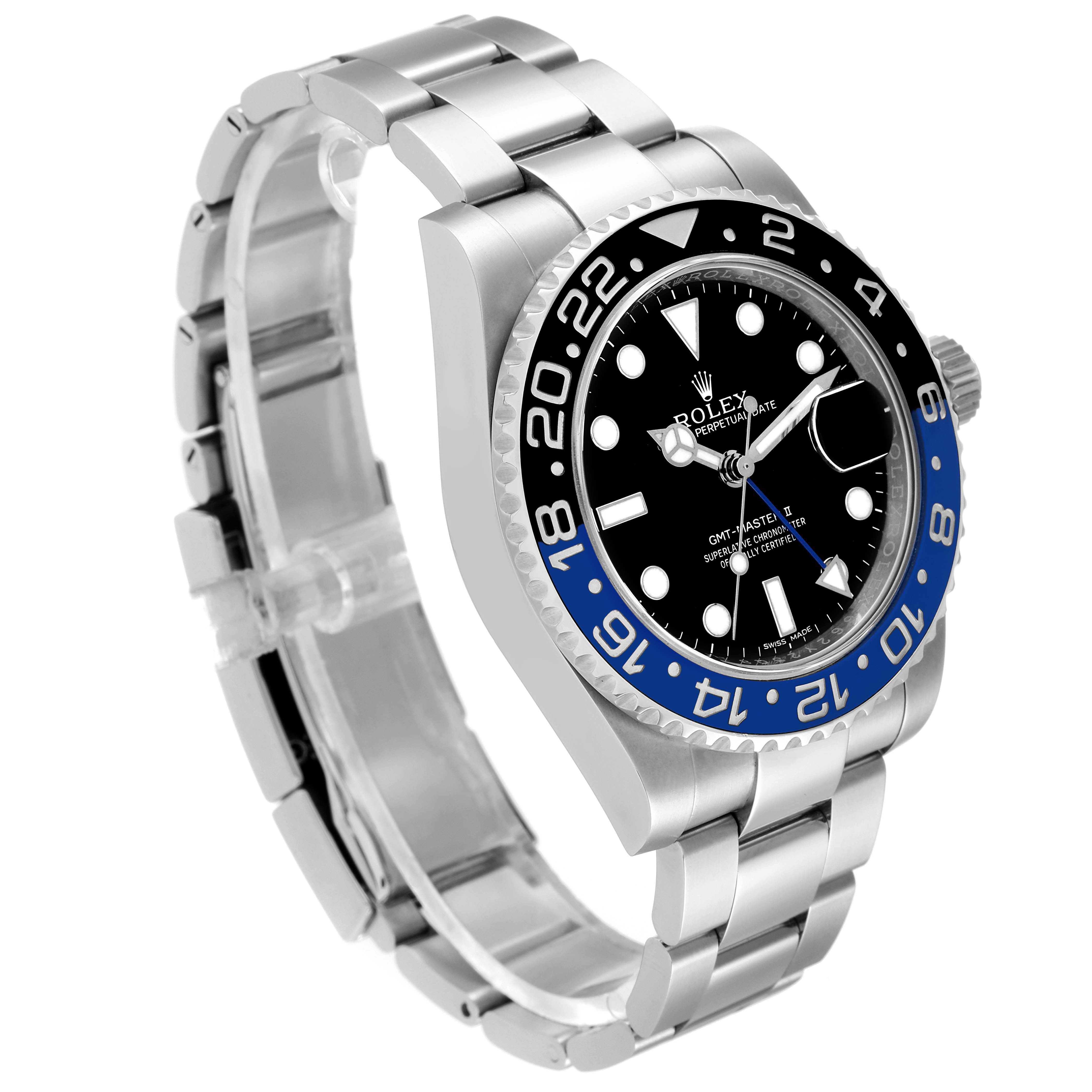The image shows a Rolex GMT-Master 116710 Men's Stainless Steel Black Dial 116710 Men's Stainless Steel Black Dial watch at a front-side angle displaying its bezel, dial, and bracelet.