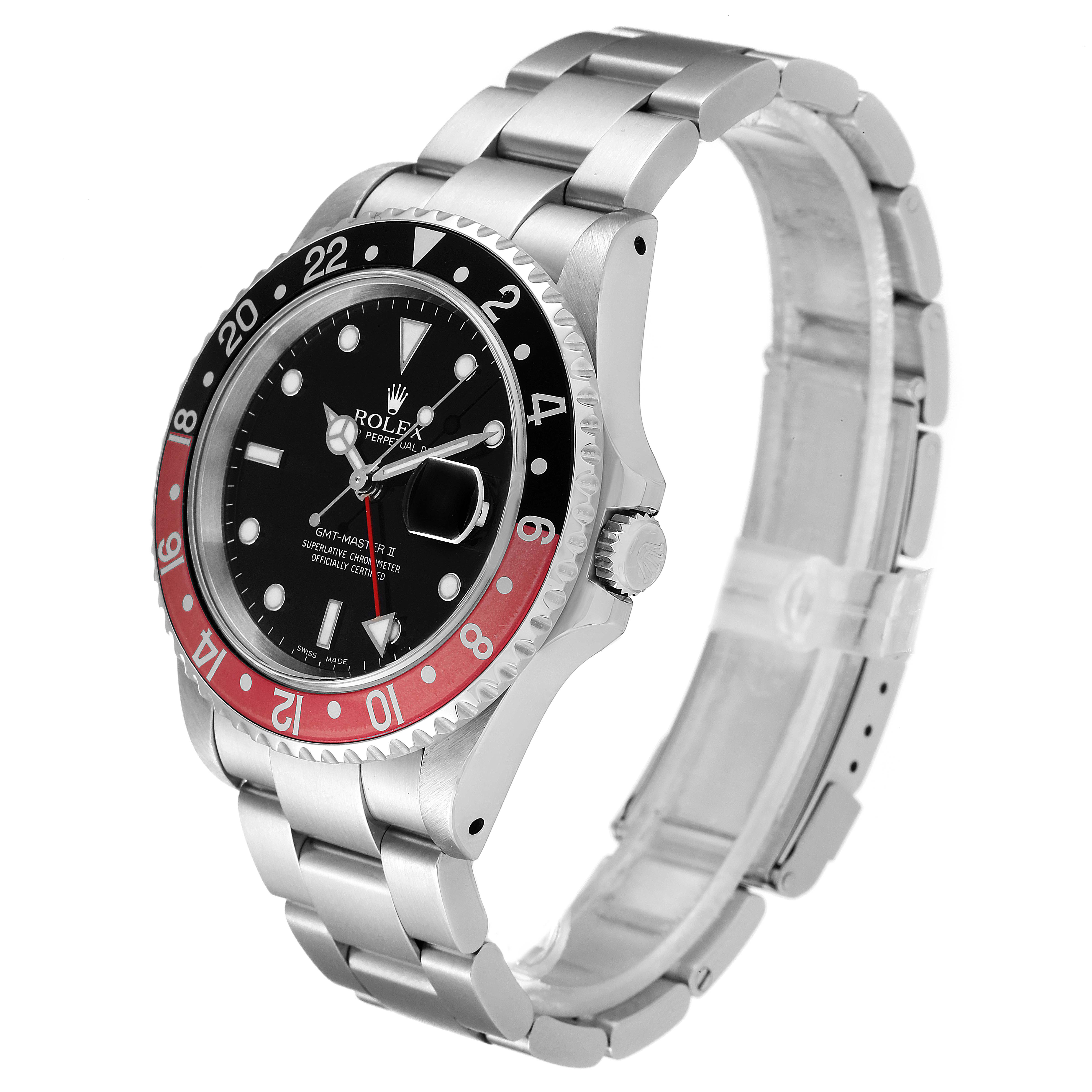 The image shows a side angle of the Rolex GMT-Master 16710 Men
s Stainless Steel Black Dial 16710 Men
s Stainless Steel Black Dial watch, highlighting its bezel, dial, bracelet, and crown.