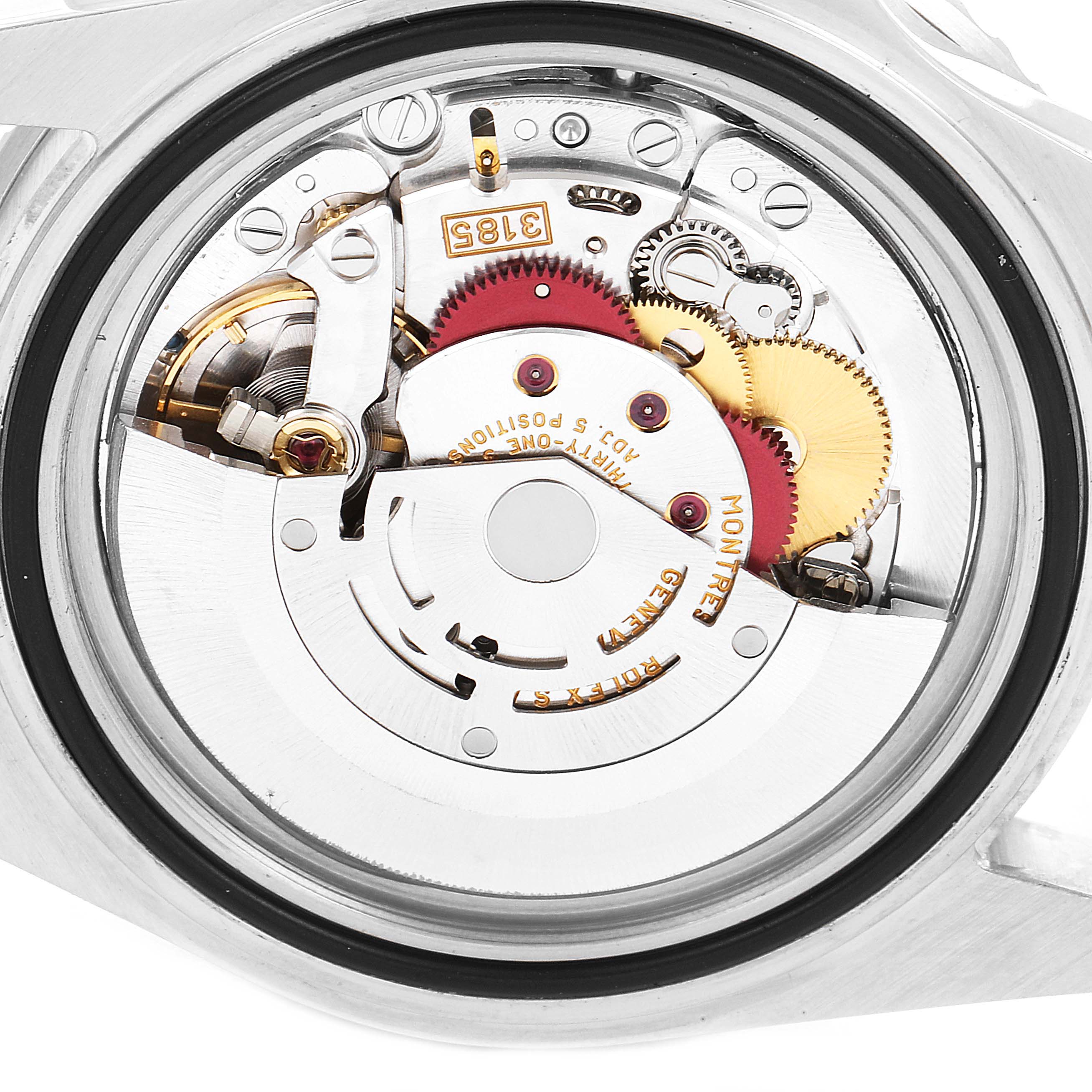 The image shows the inner mechanical movement of a Rolex GMT-Master 16710 Men
s Stainless Steel Black Dial 16710 Men
s Stainless Steel Black Dial watch from a rear angle.