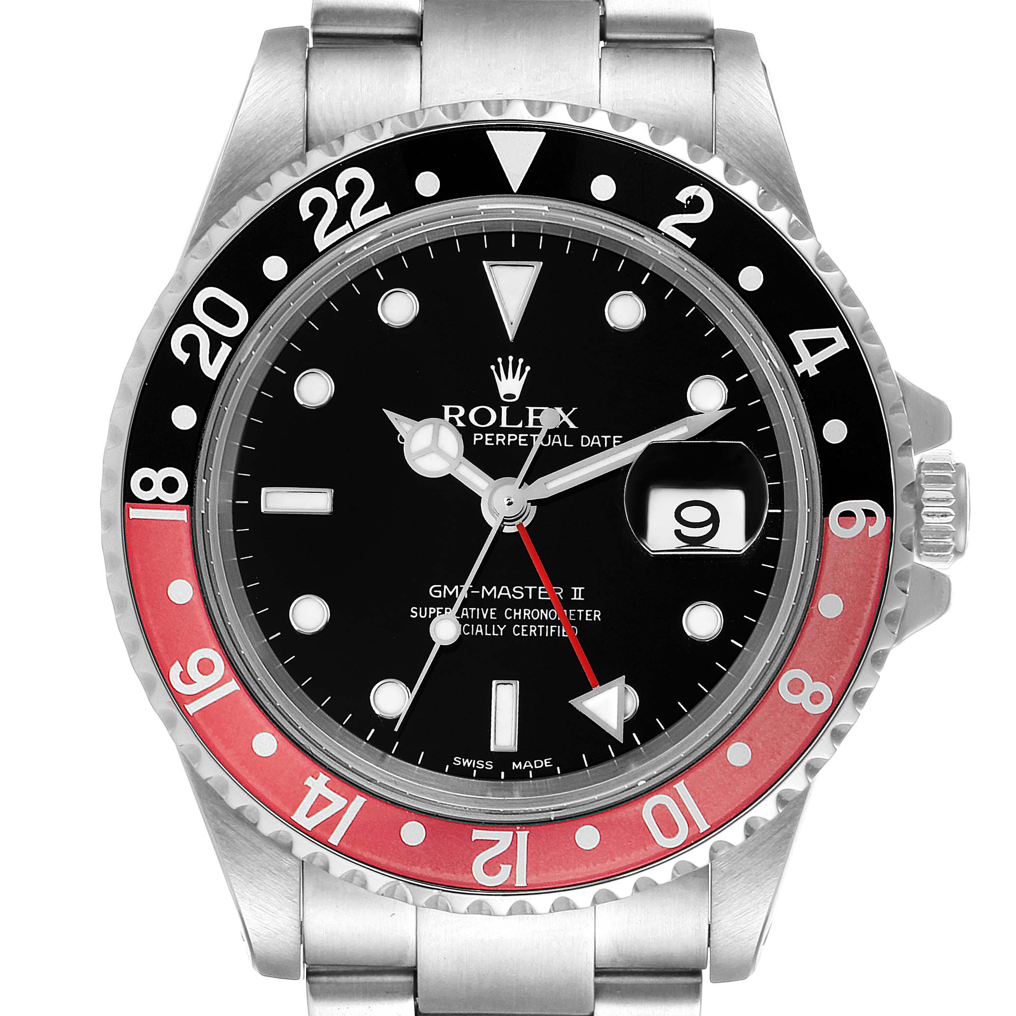 The Rolex GMT-Master 16710 Men
s Stainless Steel Black Dial 16710 Men
s Stainless Steel Black Dial II watch is shown from a front view, displaying the bezel, dial, crown, hands, and bracelet.