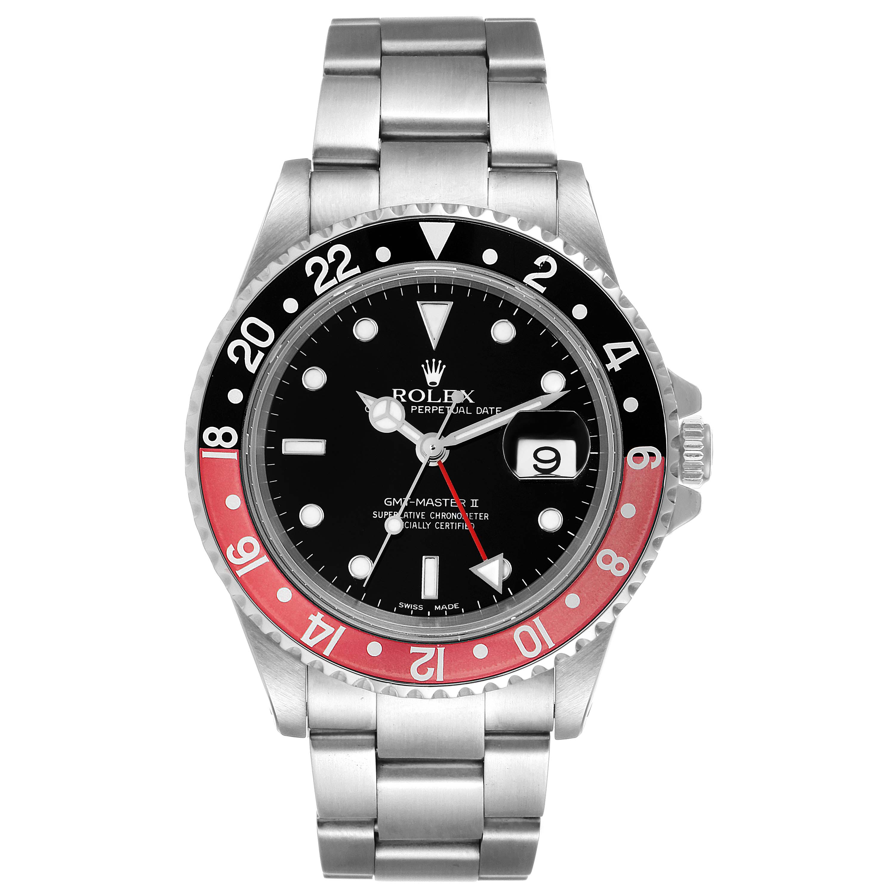 This image shows a front view of a Rolex GMT-Master 16710 Men
s Stainless Steel Black Dial 16710 Men
s Stainless Steel Black Dial watch, featuring a black and red bezel and stainless steel bracelet.