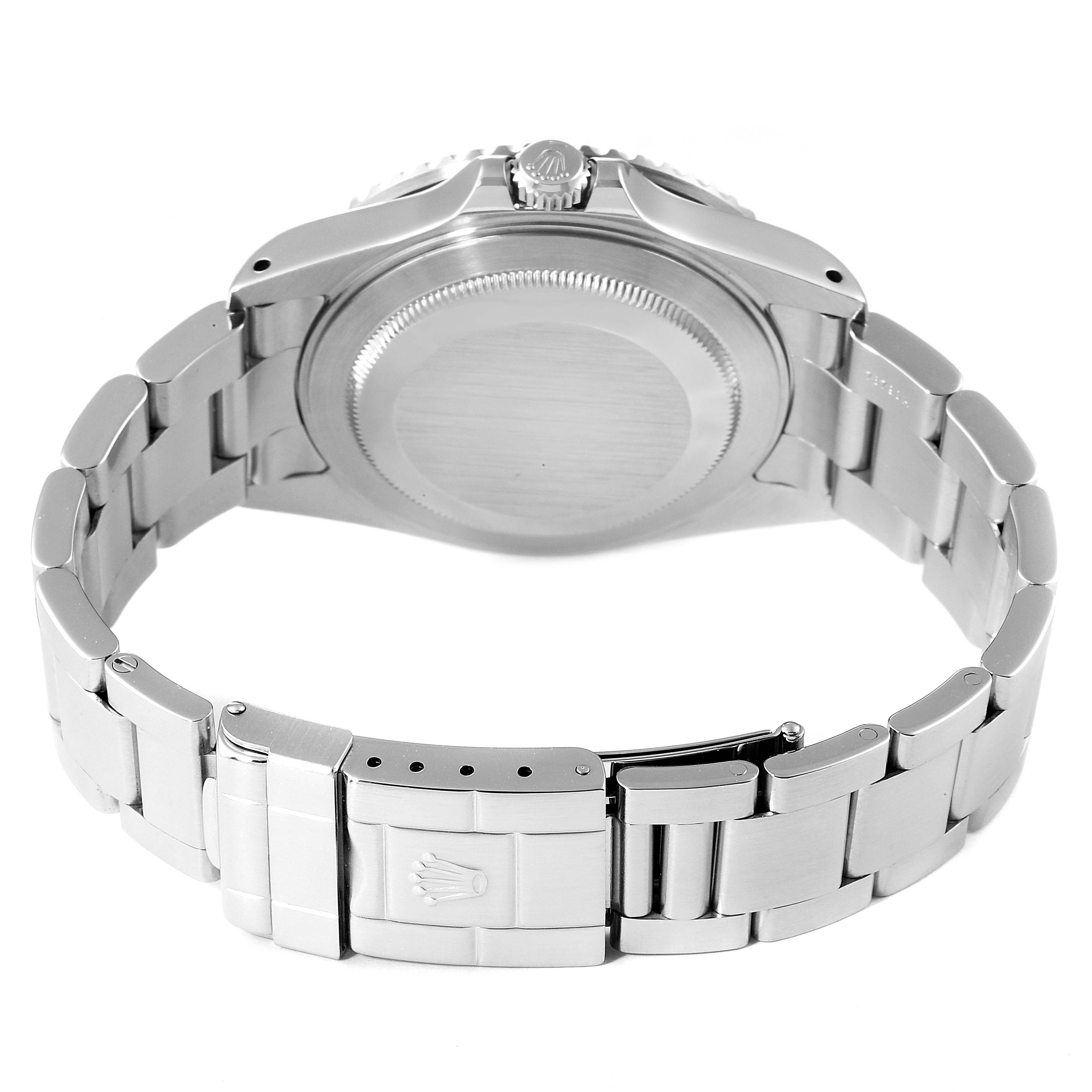 This image shows the back view of a Rolex GMT-Master 16710 Men
s Stainless Steel Black Dial 16710 Men
s Stainless Steel Black Dial watch, highlighting the bracelet, clasp, and case back.