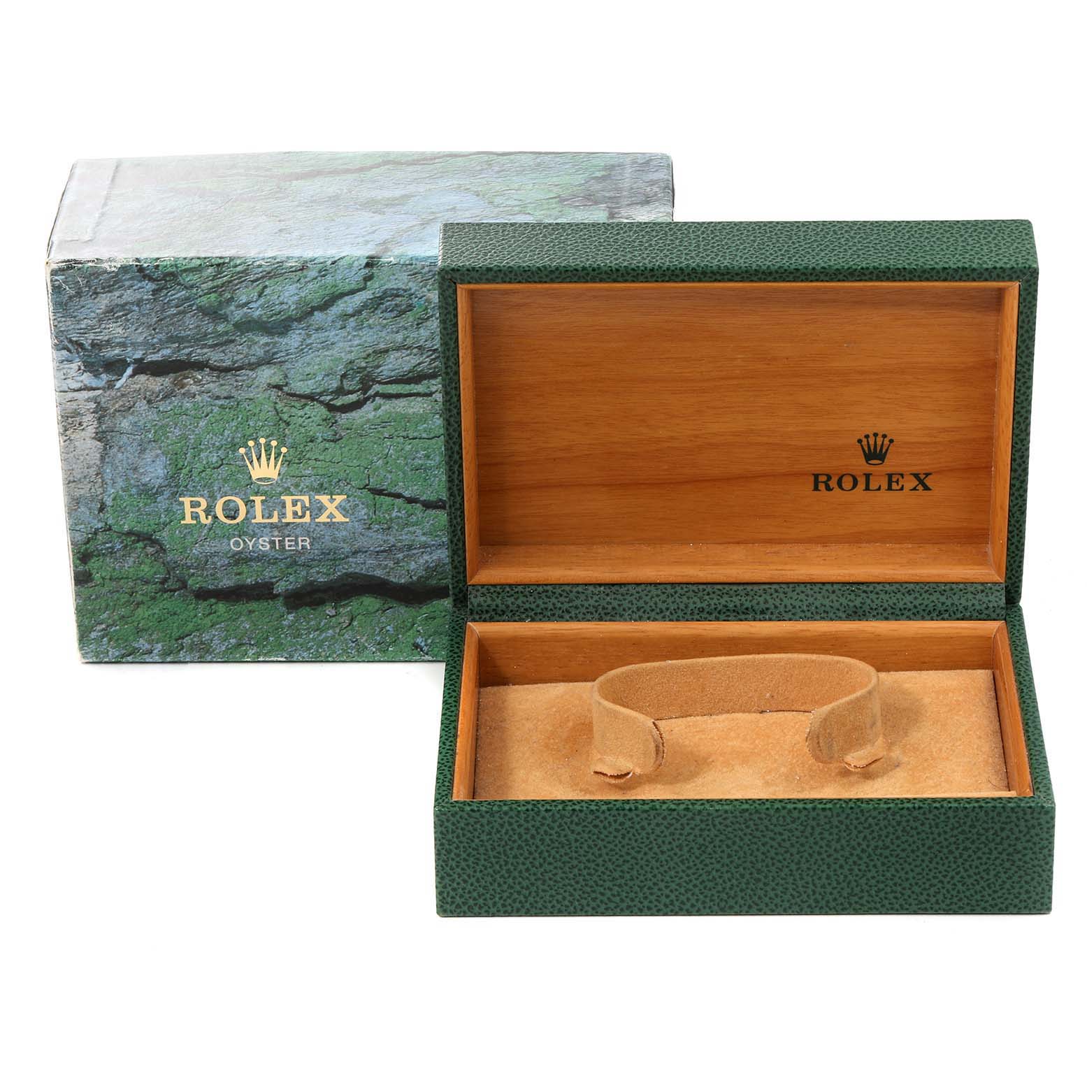 The image shows a Rolex GMT-Master 16710 Men
s Stainless Steel Black Dial 16710 Men
s Stainless Steel Black Dial watch box with its exterior cover and wooden interior.