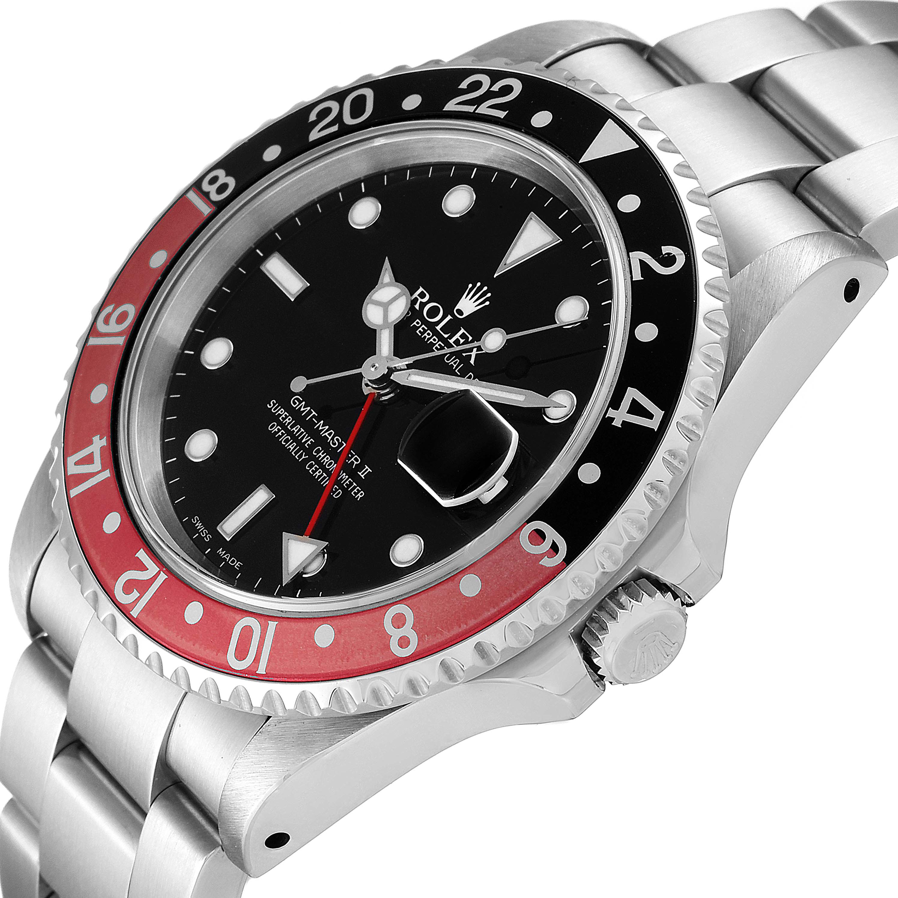 This image shows a close-up angled view of the Rolex GMT-Master 16710 Men
s Stainless Steel Black Dial 16710 Men
s Stainless Steel Black Dial II watch, highlighting its bezel, dial, crown, and part of the bracelet.