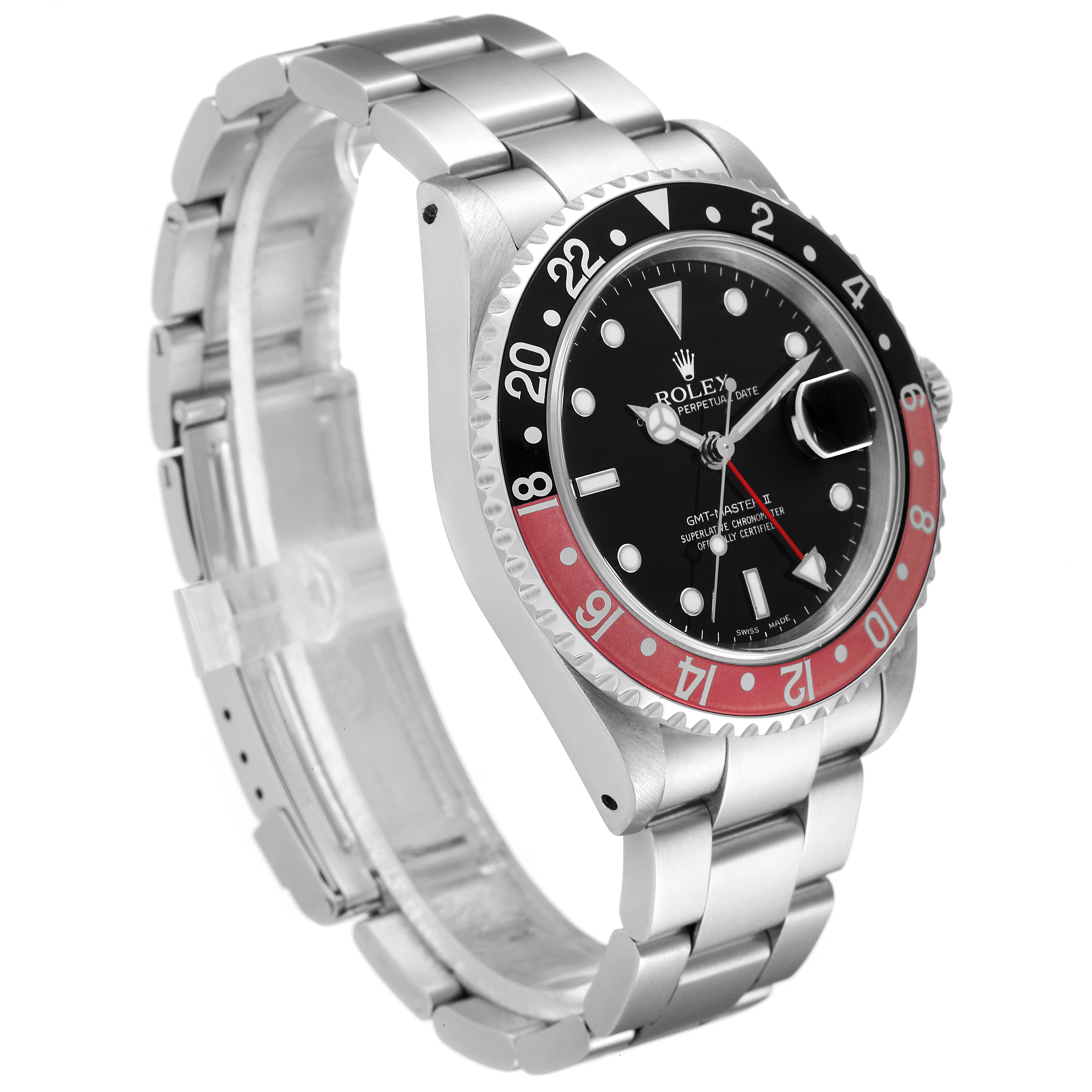 This image shows a Rolex GMT-Master 16710 Men
s Stainless Steel Black Dial 16710 Men
s Stainless Steel Black Dial watch angled from the left side, highlighting the dial, bezel, and bracelet.