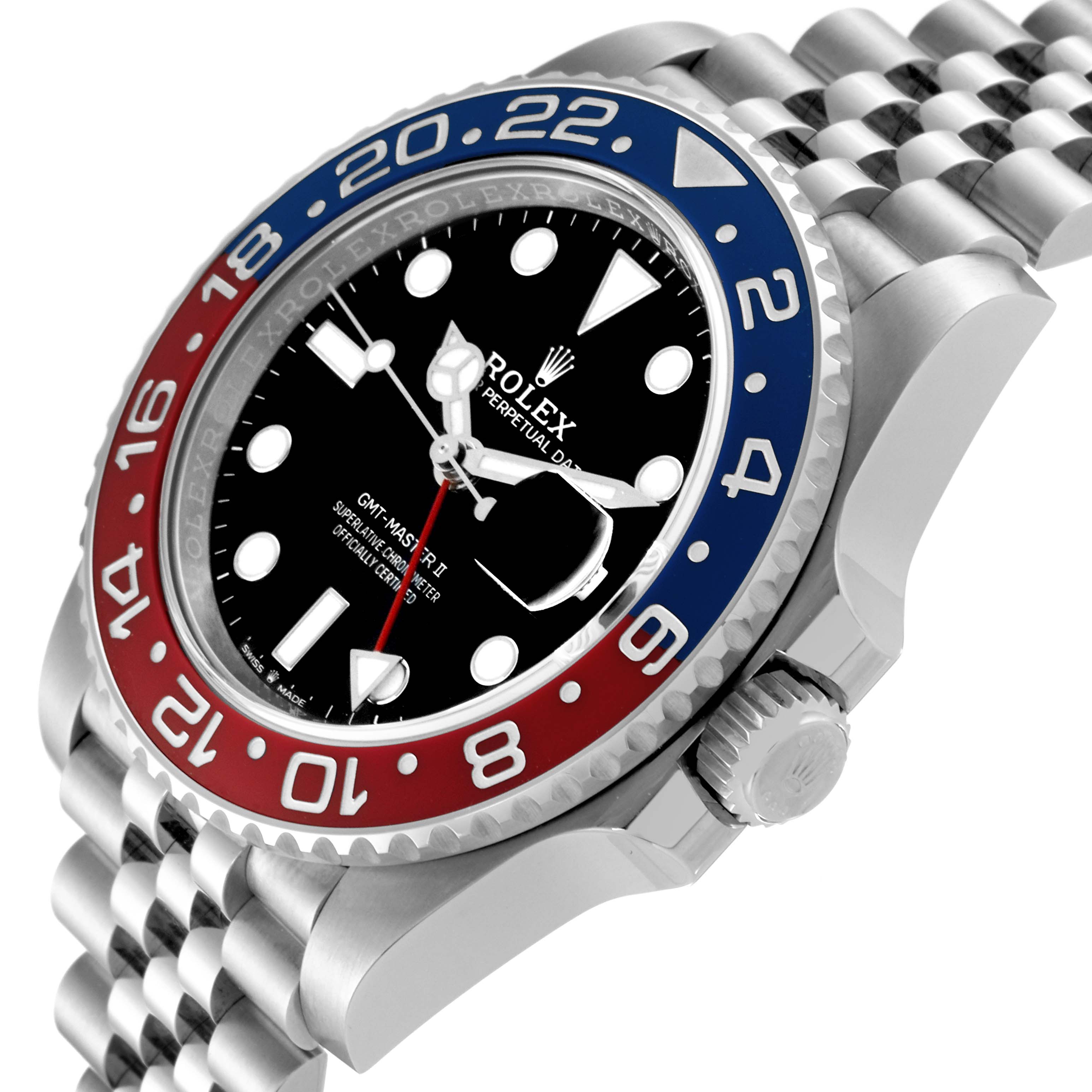 The image shows a side profile angle of a Rolex GMT-Master 126710BLRO Men
s Stainless Steel Black Dial 126710BLRO Men
s Stainless Steel Black Dial watch, highlighting the bezel, dial, crown, and bracelet.