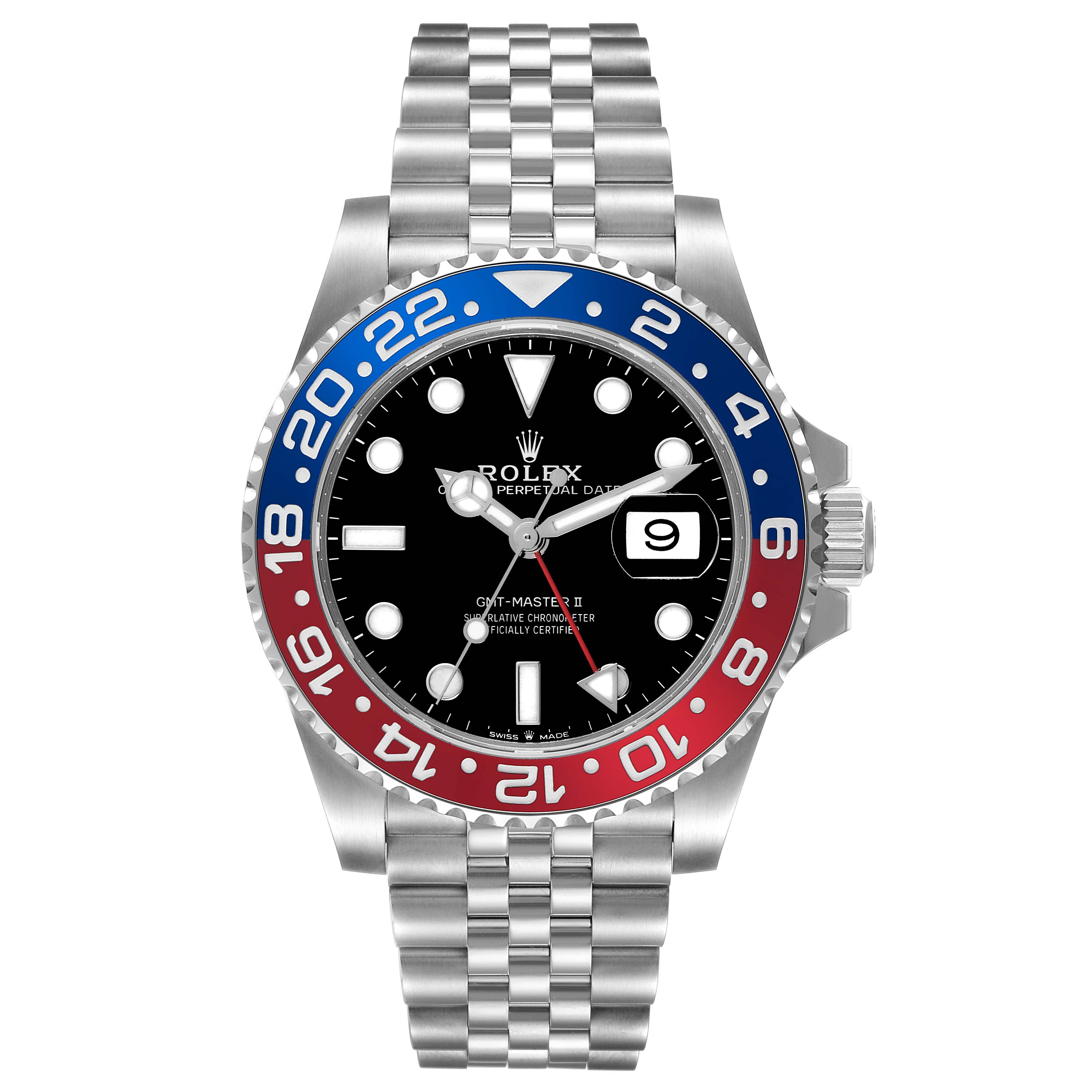 This Rolex GMT-Master 126710BLRO Men
s Stainless Steel Black Dial 126710BLRO Men
s Stainless Steel Black Dial watch is shown from a front angle, displaying the dial, bezel, hands, crown, and bracelet.