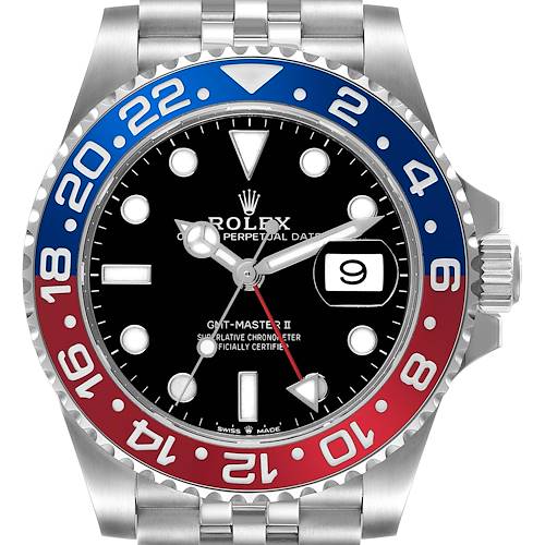 This is a front view of a Rolex GMT-Master II watch, displaying its bezel, dial, hands, and date window.