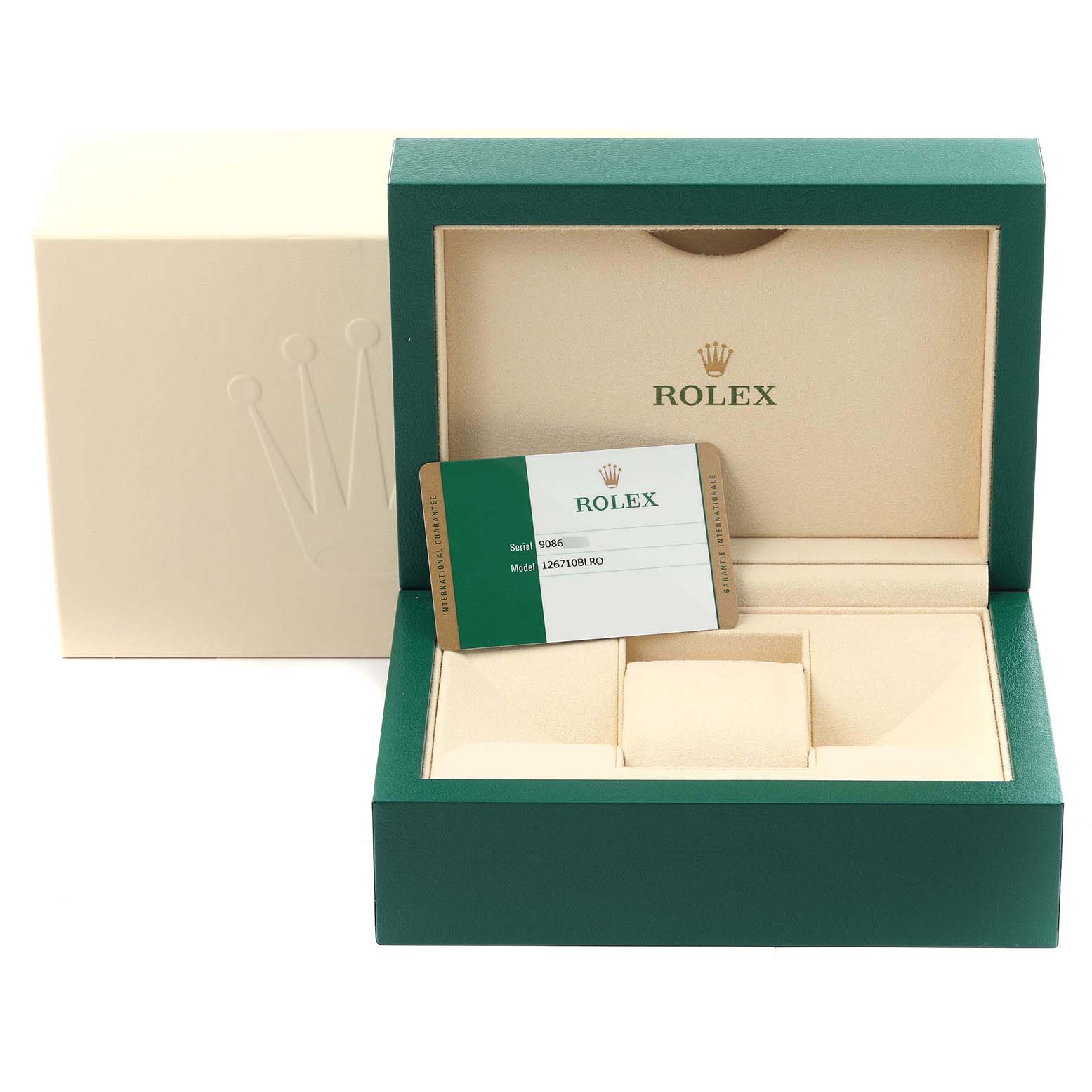 Open Rolex GMT-Master 126710BLRO Men
s Stainless Steel Black Dial 126710BLRO Men
s Stainless Steel Black Dial watch box with a warranty card inside, showing the interiors and slots for the watch.