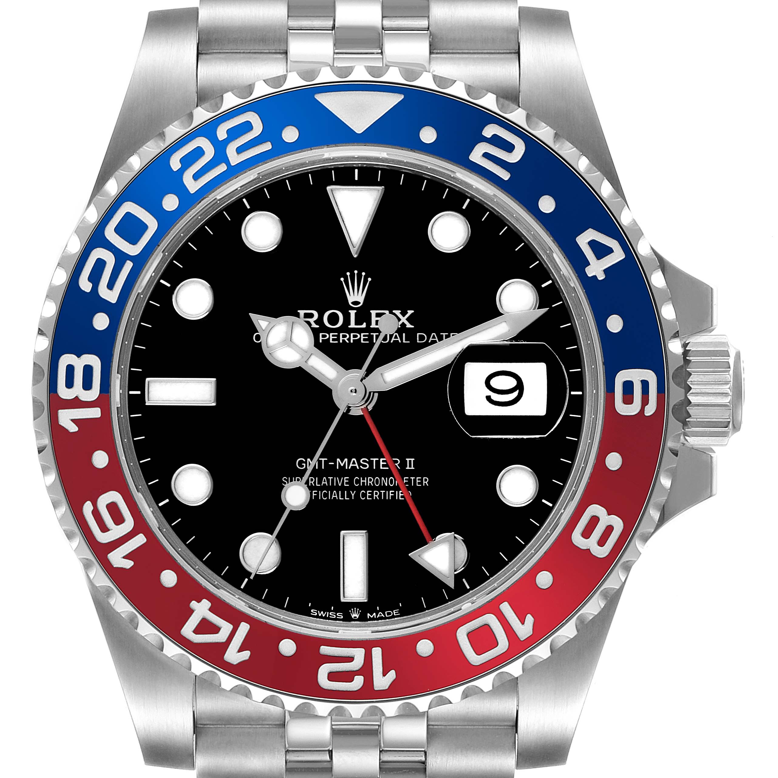 The image shows a front view of the Rolex GMT-Master 126710BLRO Men
s Stainless Steel Black Dial 126710BLRO Men
s Stainless Steel Black Dial II watch with a red and blue bezel and black dial.