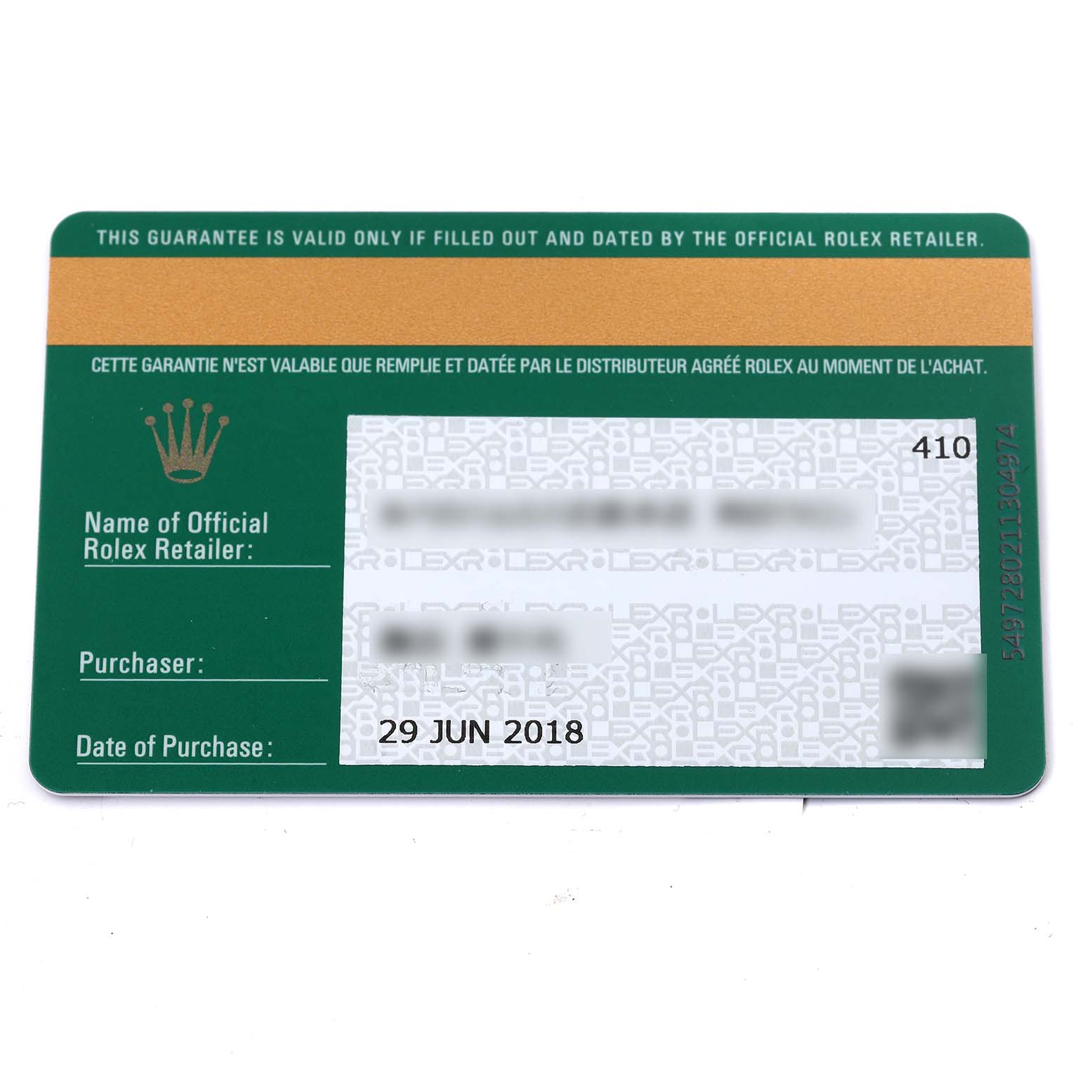 This image shows the warranty card for a Rolex GMT-Master 126710BLRO Men
s Stainless Steel Black Dial 126710BLRO Men
s Stainless Steel Black Dial, displaying purchase details and official retailer information.