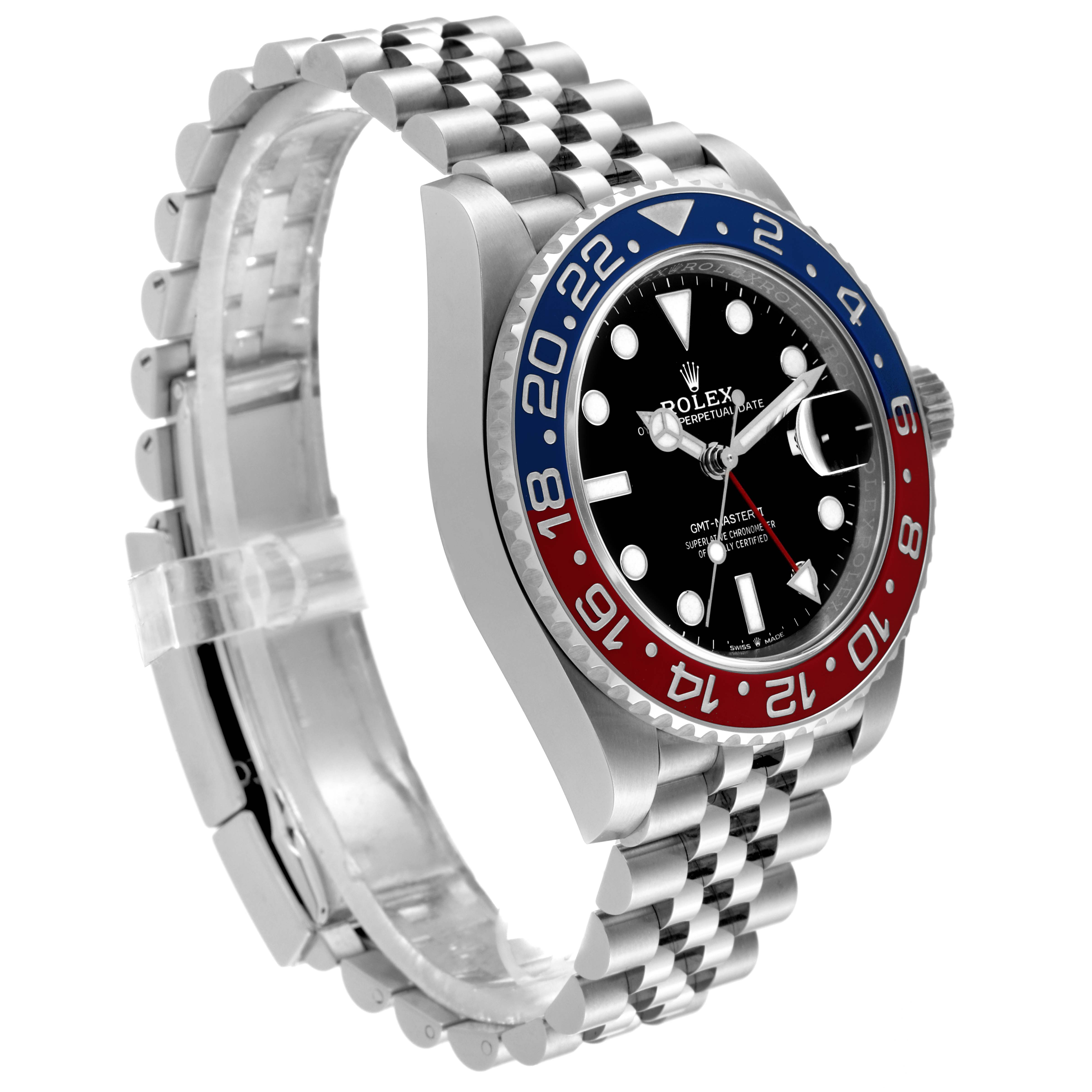 The image shows a side angle of a Rolex GMT-Master 126710BLRO Men
s Stainless Steel Black Dial 126710BLRO Men
s Stainless Steel Black Dial watch, highlighting its Jubilee bracelet and the "Pepsi" red and blue bezel.