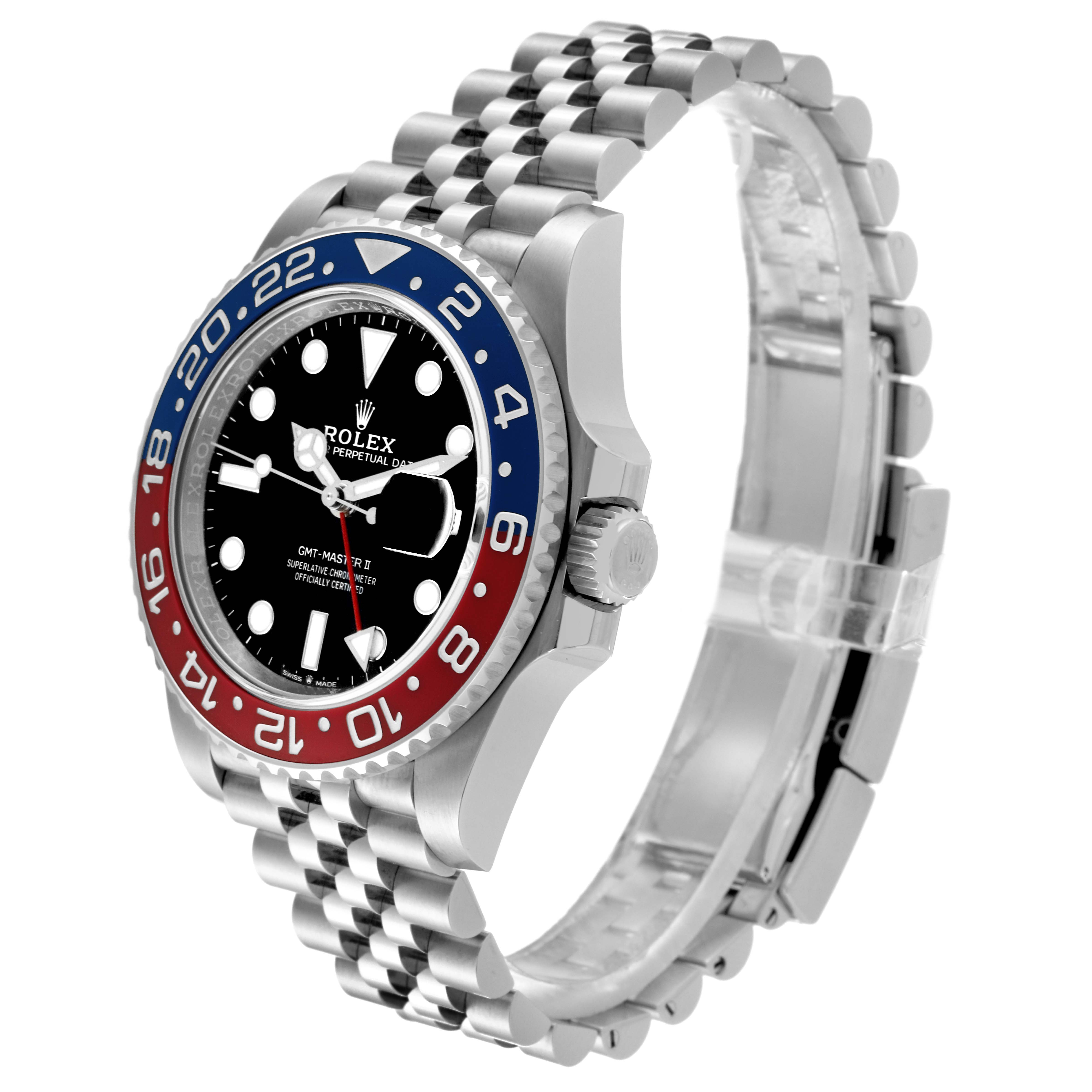 The image shows an angled side view of the Rolex GMT-Master 126710BLRO Men
s Stainless Steel Black Dial 126710BLRO Men
s Stainless Steel Black Dial watch, displaying the face, bezel, case, and part of the bracelet.