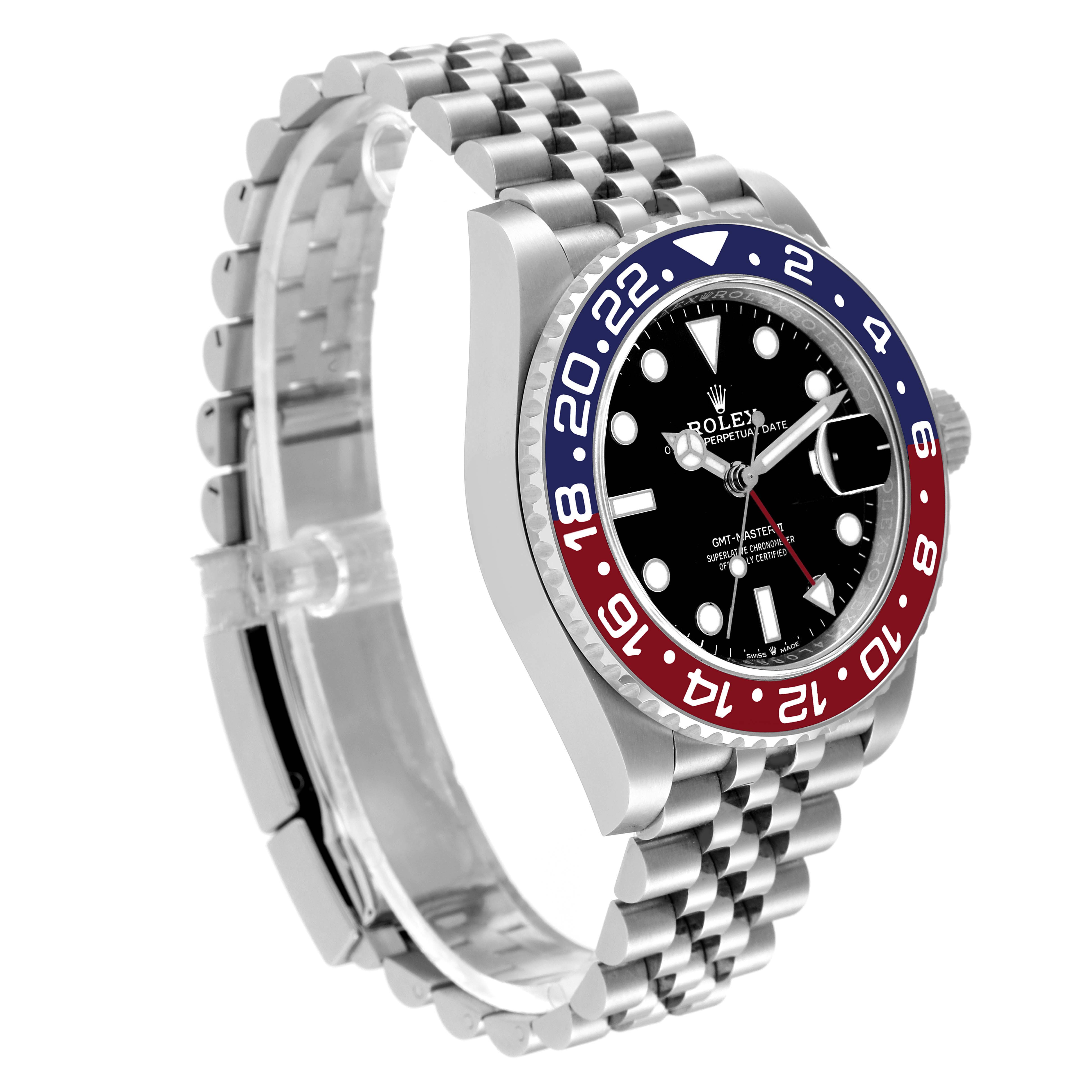 The Rolex GMT-Master 126710 Men's Stainless Steel Black Dial 126710 Men's Stainless Steel Black Dial watch is shown at a three-quarter angle, highlighting its bezel, dial, and metal bracelet.