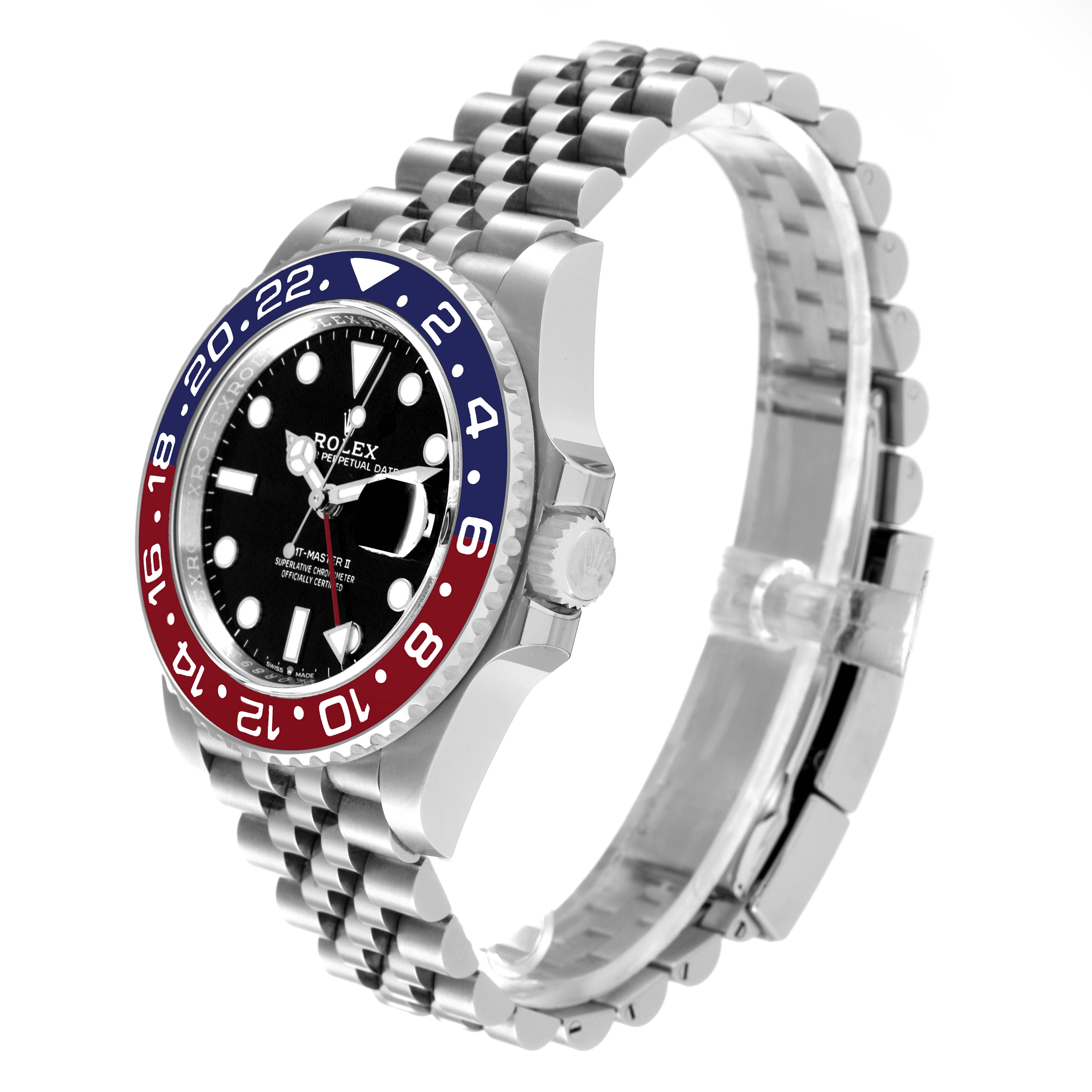 The image shows a side angle of the Rolex GMT-Master 126710 Men's Stainless Steel Black Dial 126710 Men's Stainless Steel Black Dial watch, highlighting its bezel, dial, and jubilee bracelet.