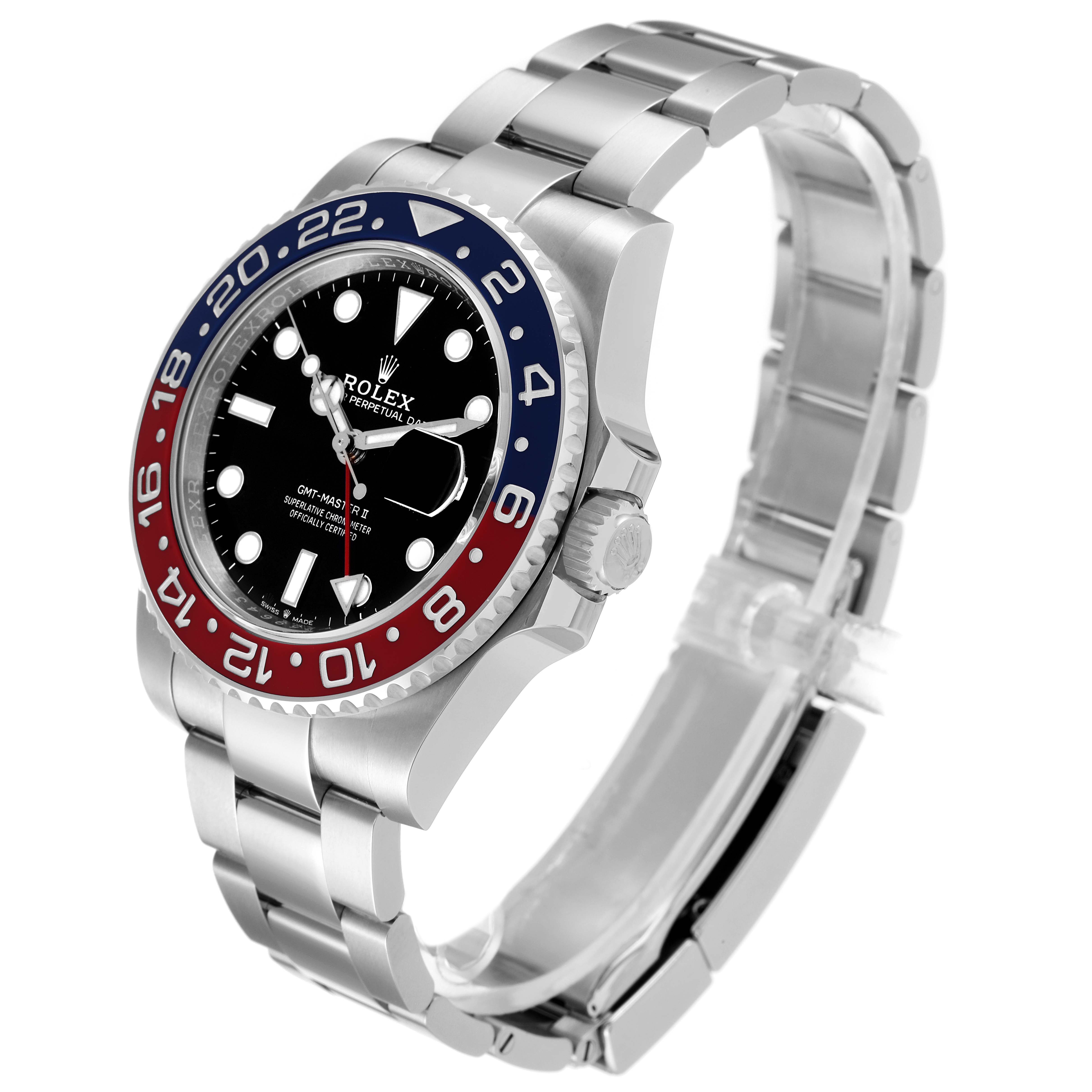 This image shows a side-angle view of a Rolex GMT-Master 126710 Men's Stainless Steel Black Dial 126710 Men's Stainless Steel Black Dial II watch, displaying its bezel, watch face, and bracelet.