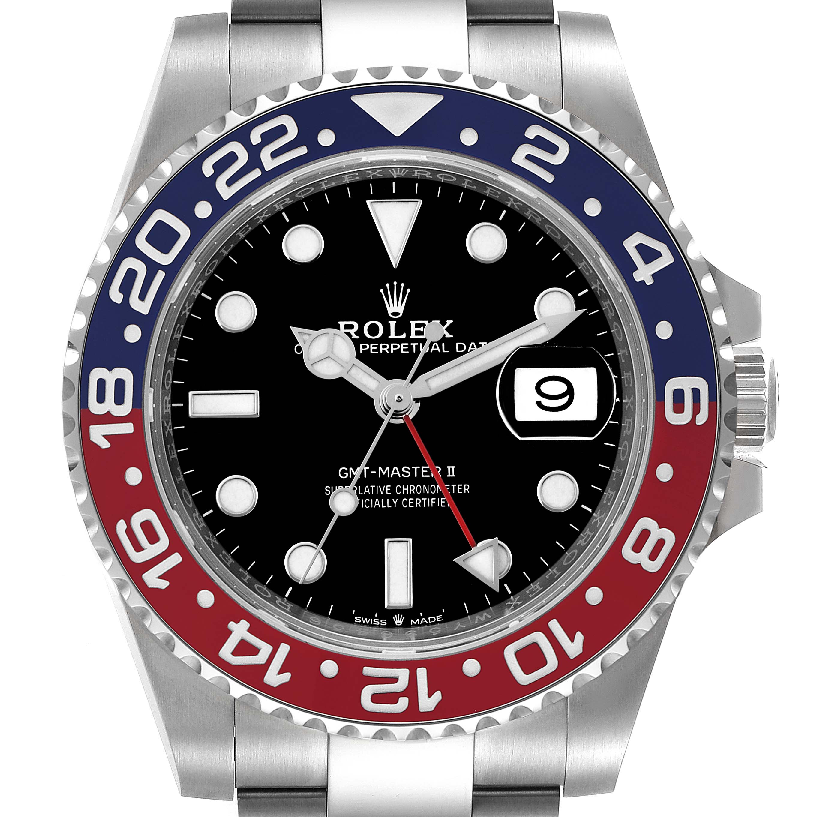 This image shows a front view of a Rolex GMT-Master 126710 Men's Stainless Steel Black Dial 126710 Men's Stainless Steel Black Dial II watch, highlighting the bezel, dial, hands, and date window.