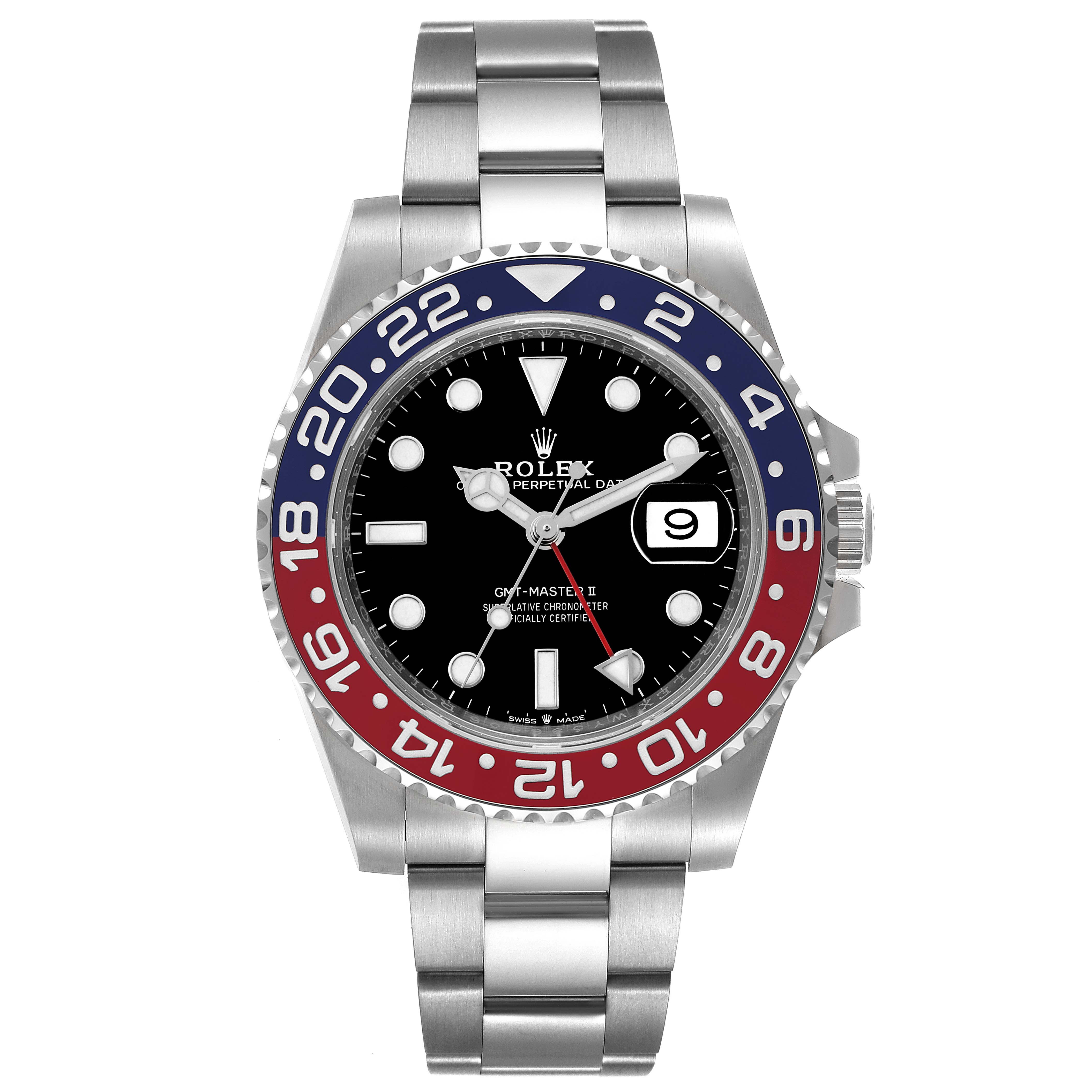 This is a front view of the Rolex GMT-Master 126710 Men's Stainless Steel Black Dial 126710 Men's Stainless Steel Black Dial watch showing the dial, bezel, and bracelet.