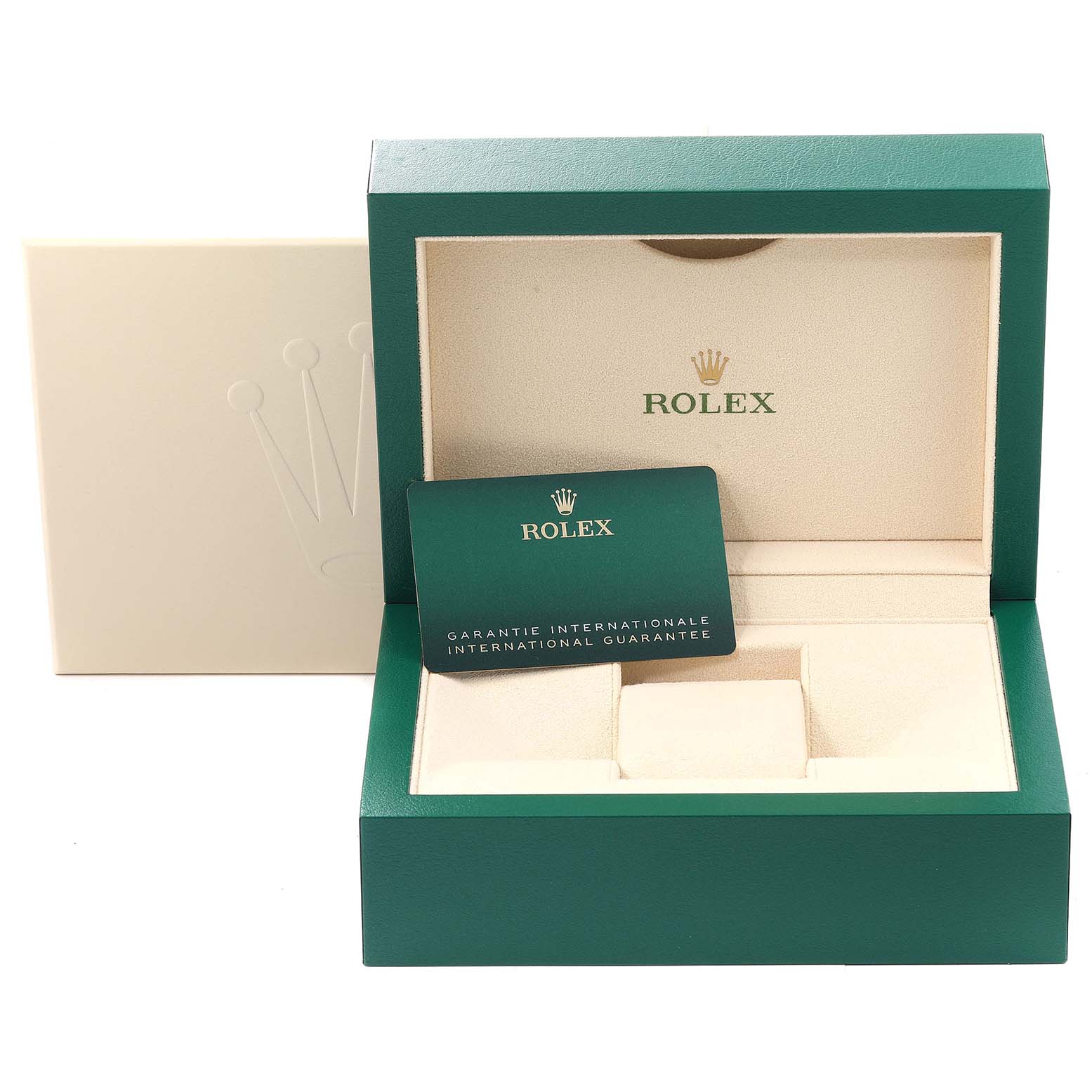 The image shows an open green and beige Rolex GMT-Master 126710 Men's Stainless Steel Black Dial 126710 Men's Stainless Steel Black Dial watch box and a guarantee card placed in front of it.