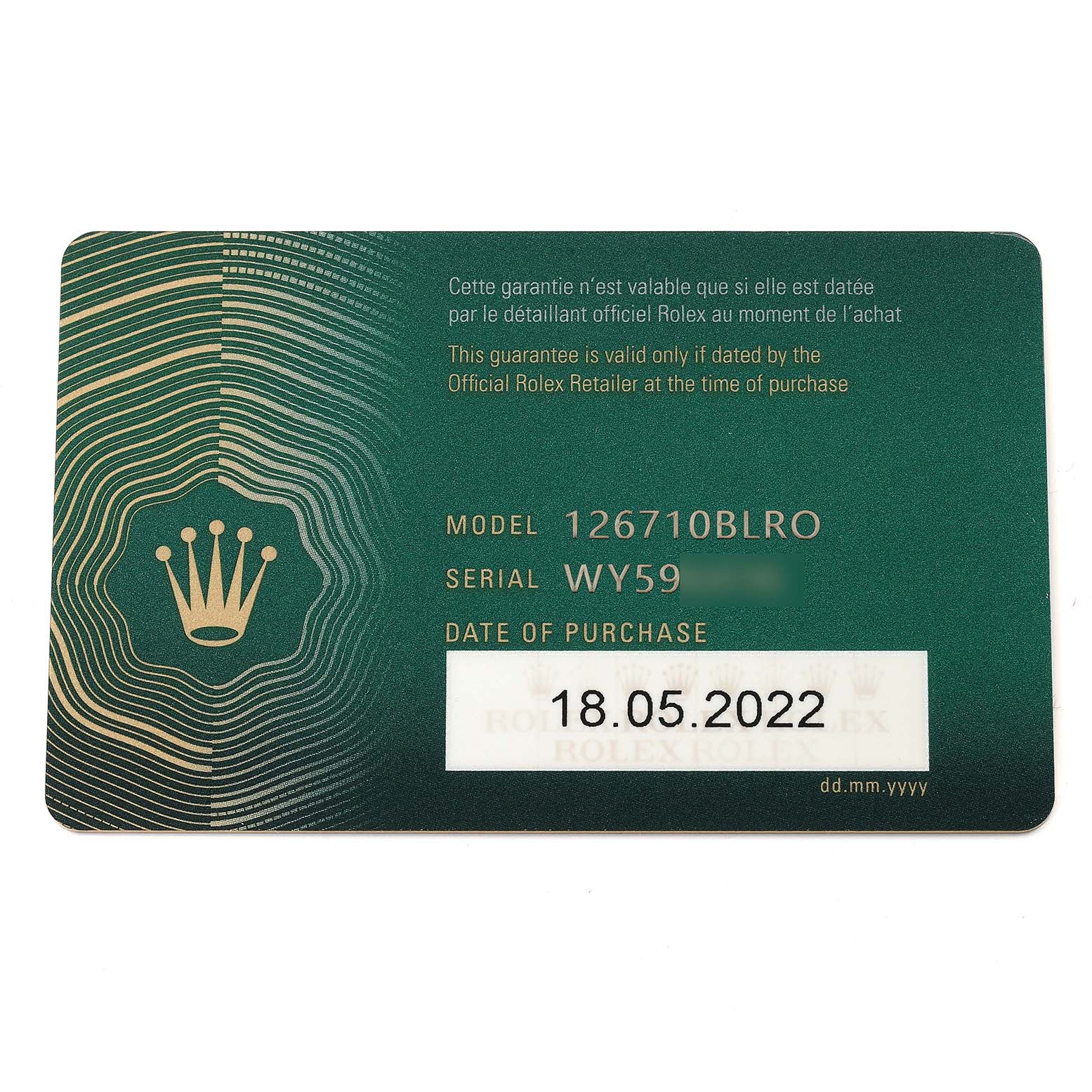 This image shows the warranty card for a Rolex GMT-Master 126710 Men's Stainless Steel Black Dial 126710 Men's Stainless Steel Black Dial model 126710BLRO with the date of purchase as 18.05.2022.