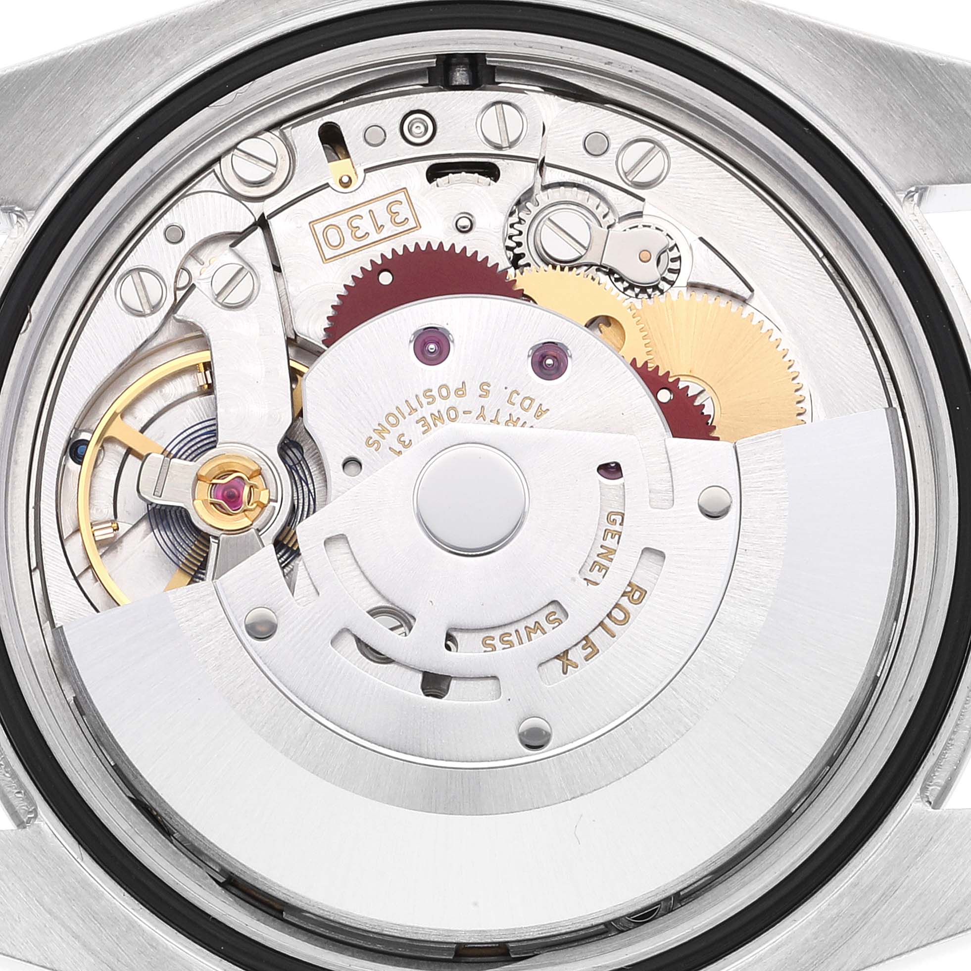 This image shows the internal mechanism and movement of a Rolex Oyster Perpetual 116000 Men's Stainless Steel Black Dial 116000 Men's Stainless Steel Black Dial watch from a top-down angle.