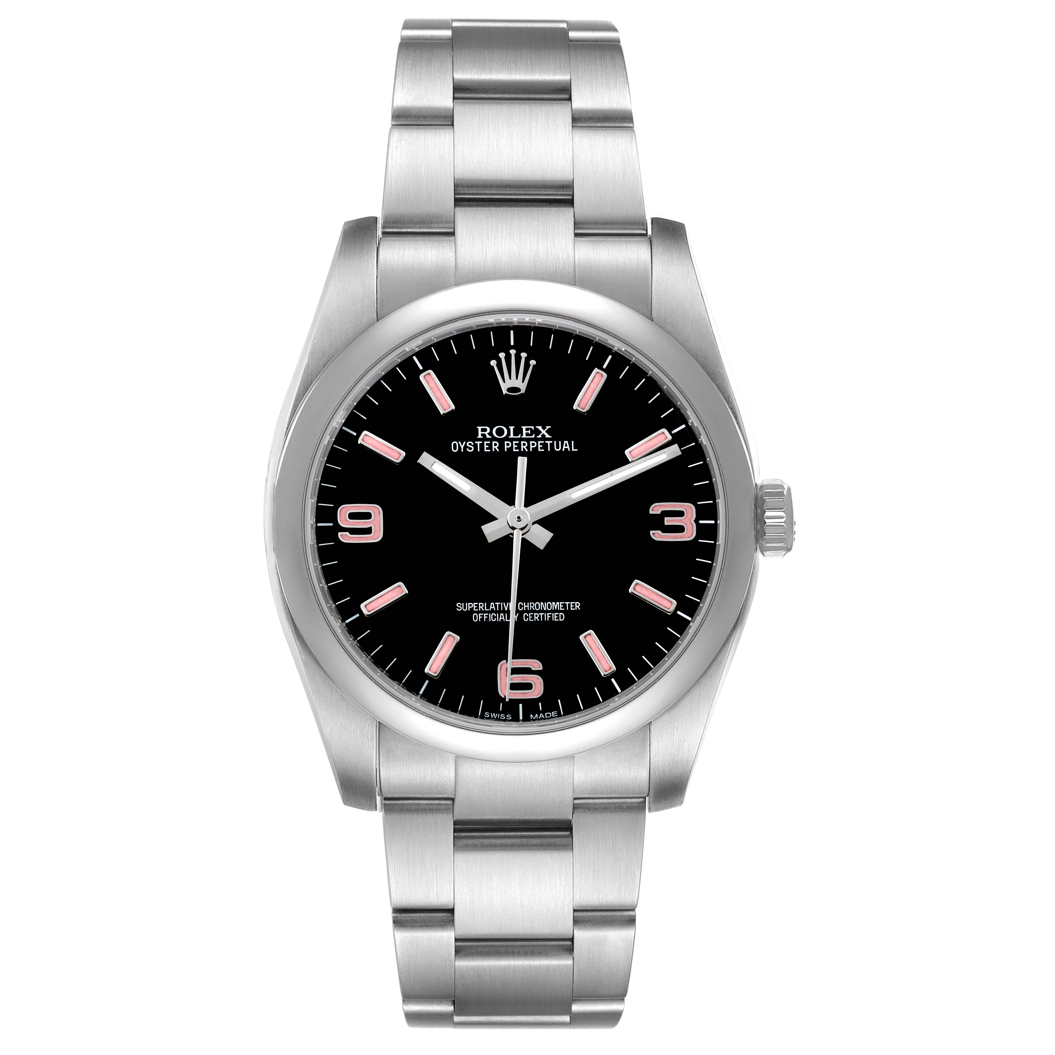 The image shows a front view of a Rolex Oyster Perpetual 116000 Men's Stainless Steel Black Dial 116000 Men's Stainless Steel Black Dial watch, displaying the face, bezel, and bracelet.