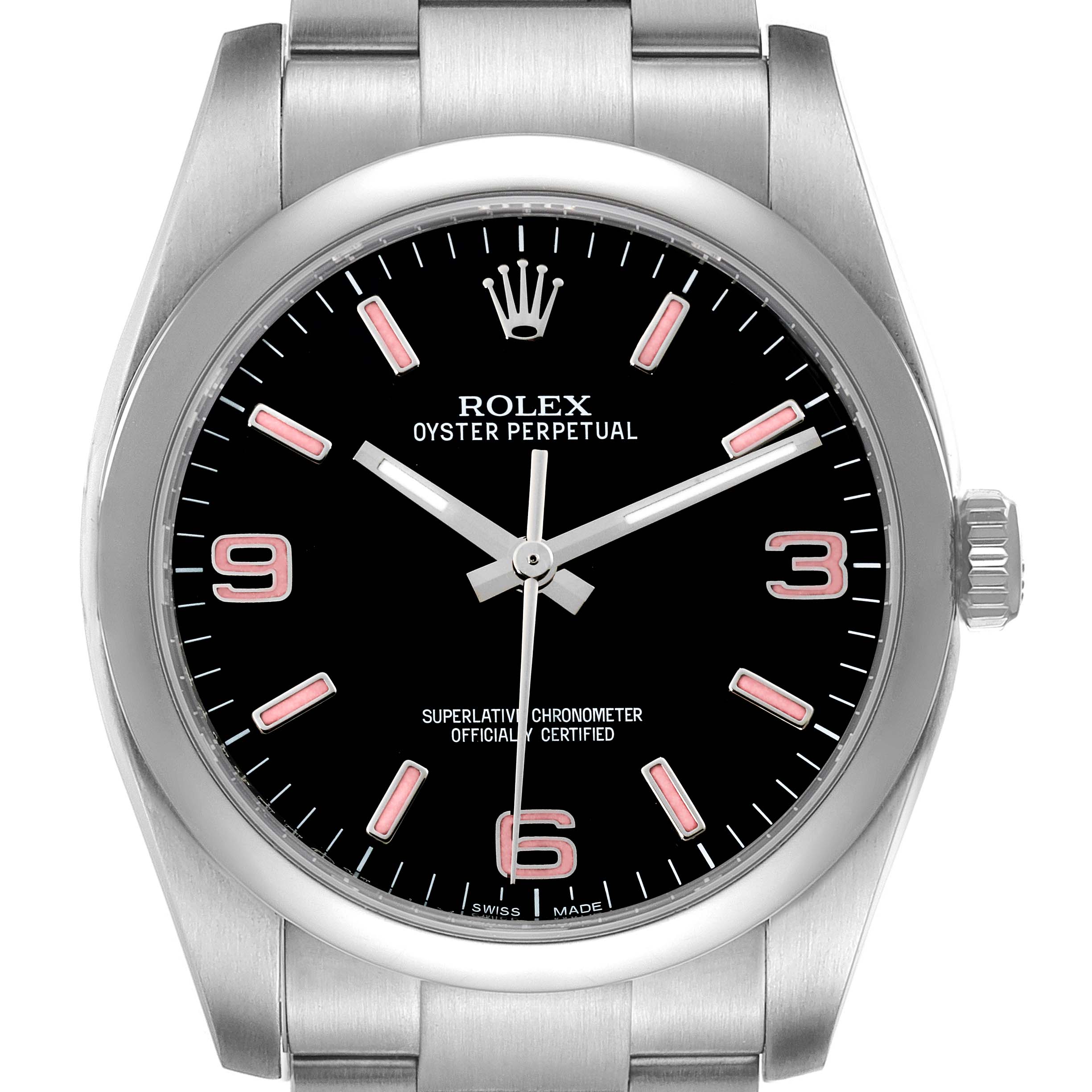 The image shows a front view of the Rolex Oyster Perpetual 116000 Men's Stainless Steel Black Dial 116000 Men's Stainless Steel Black Dial watch, highlighting its black dial and silver bracelet.