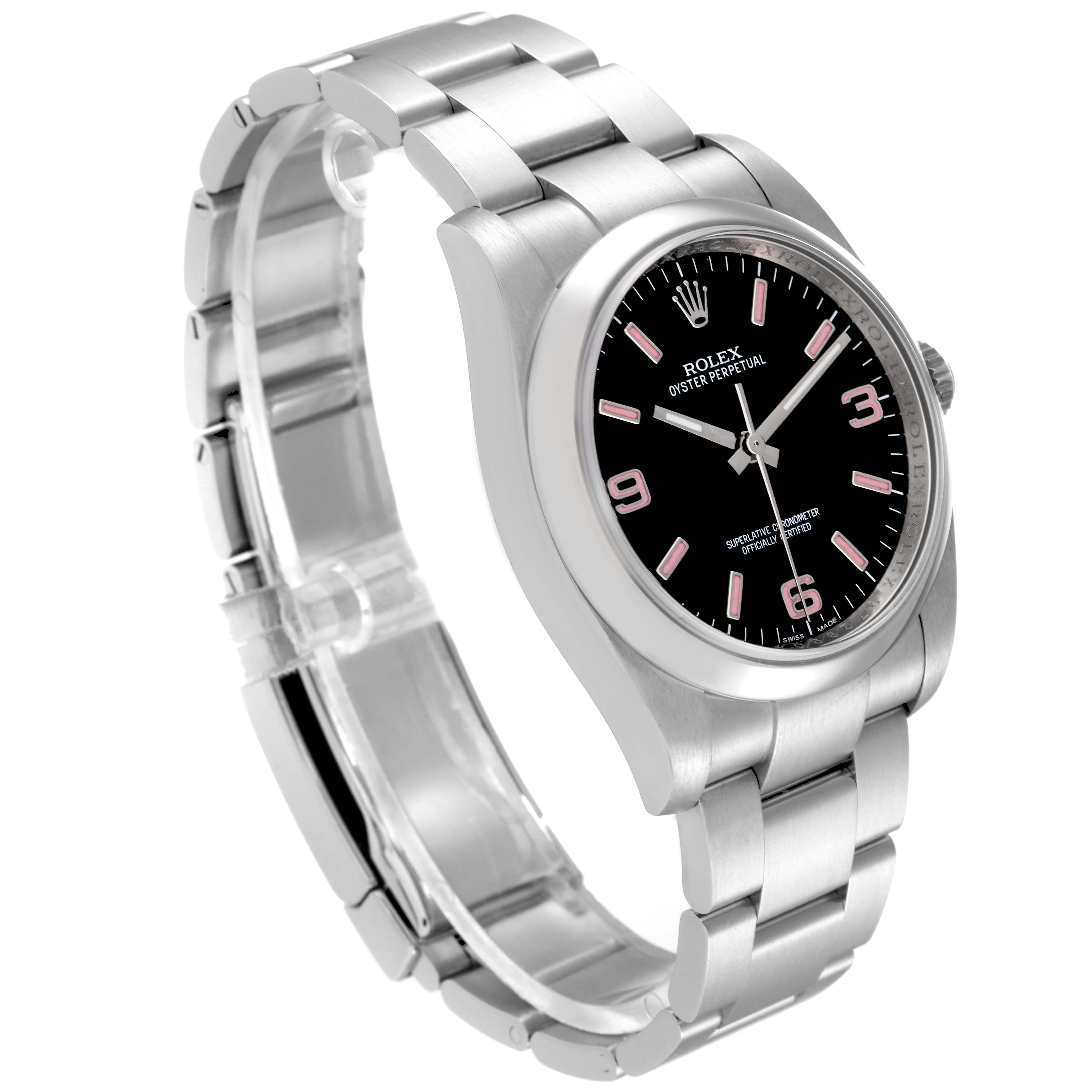 The Rolex Oyster Perpetual 116000 Men's Stainless Steel Black Dial 116000 Men's Stainless Steel Black Dial watch is shown at a three-quarter angle focusing on the dial and stainless steel bracelet.