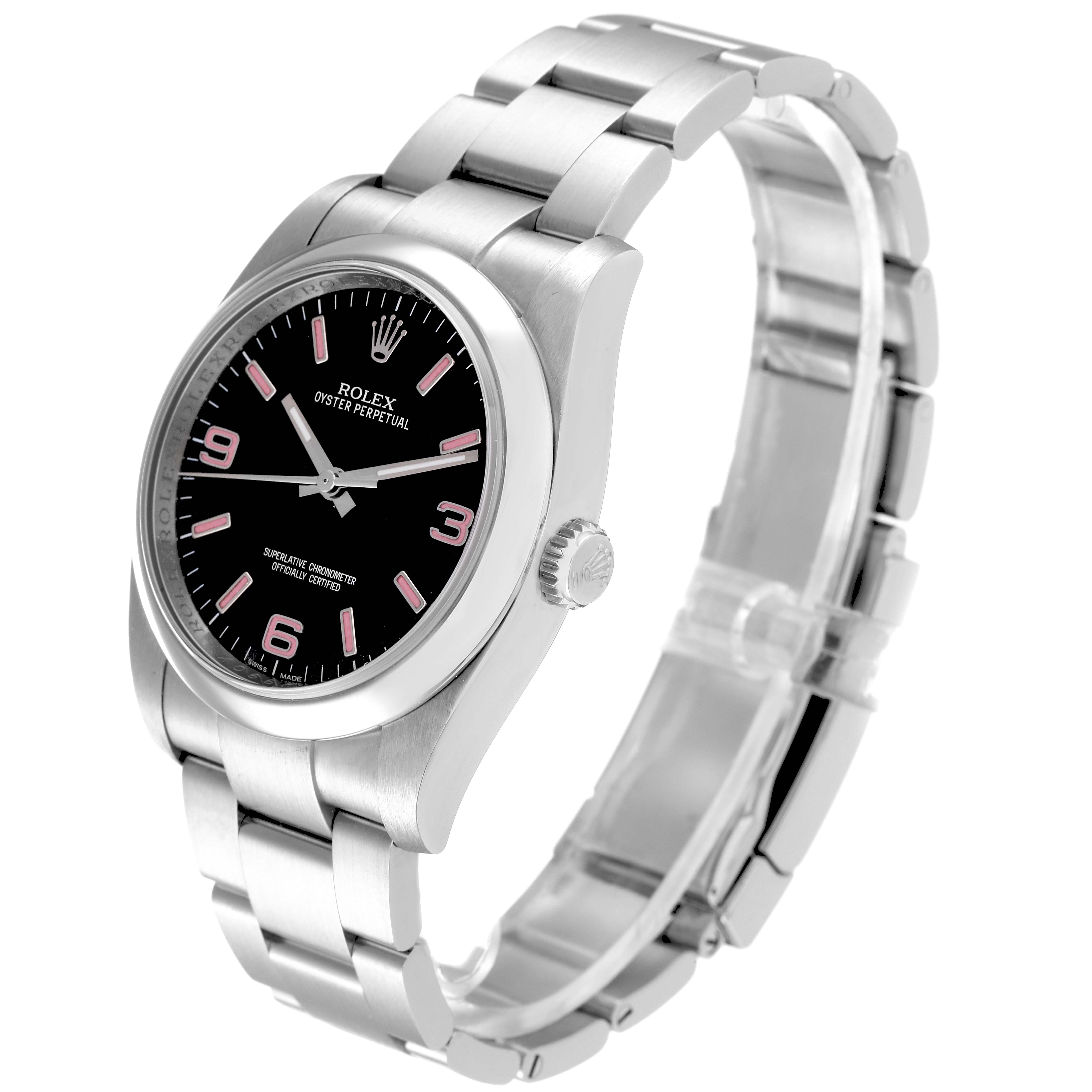 The image shows a side and partial frontal view of a Rolex Oyster Perpetual 116000 Men's Stainless Steel Black Dial 116000 Men's Stainless Steel Black Dial, highlighting the dial, bezel, crown, and bracelet.