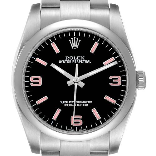 Photo of Rolex Oyster Perpetual 36 Pink Baton Black Dial Steel Watch 116000