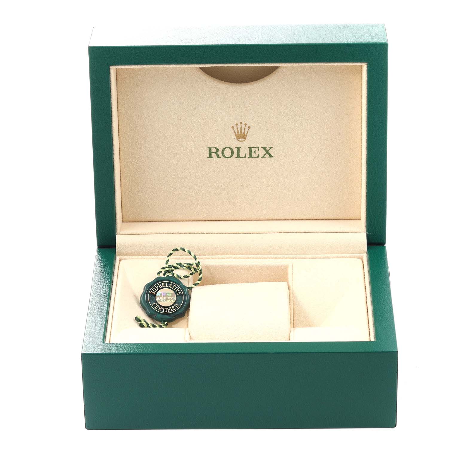 The image shows the open box of a Rolex Oyster Perpetual 116000 Men's Stainless Steel Black Dial 116000 Men's Stainless Steel Black Dial watch, with compartments and a green swing tag visible.