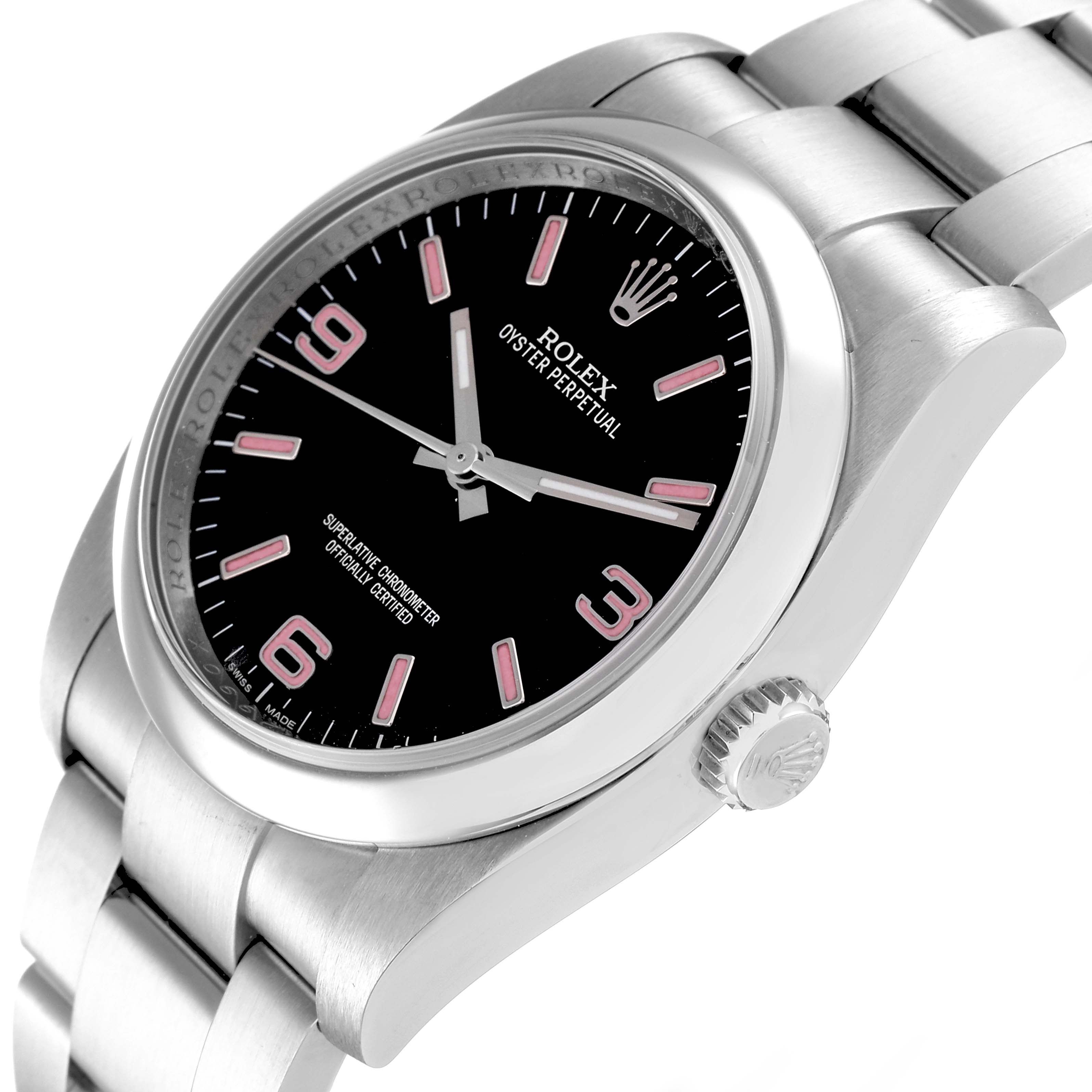 The Rolex Oyster Perpetual 116000 Men's Stainless Steel Black Dial 116000 Men's Stainless Steel Black Dial watch is shown from a front-side angle, highlighting the dial, crown, and part of the bracelet.