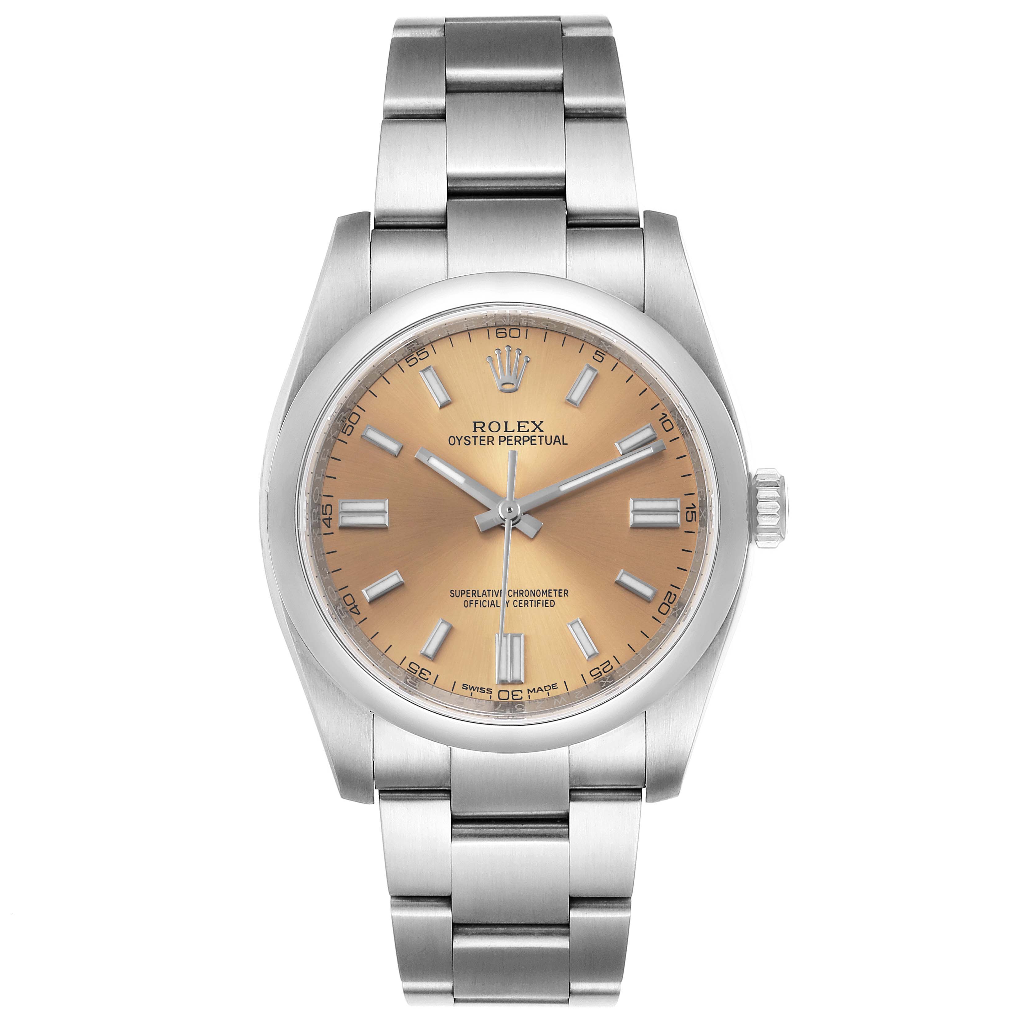The image shows a front view of a Rolex Oyster Perpetual 116000 Men's Stainless Steel Champagne Dial 116000 Men's Stainless Steel Champagne Dial watch, highlighting its entire face, case, and bracelet.