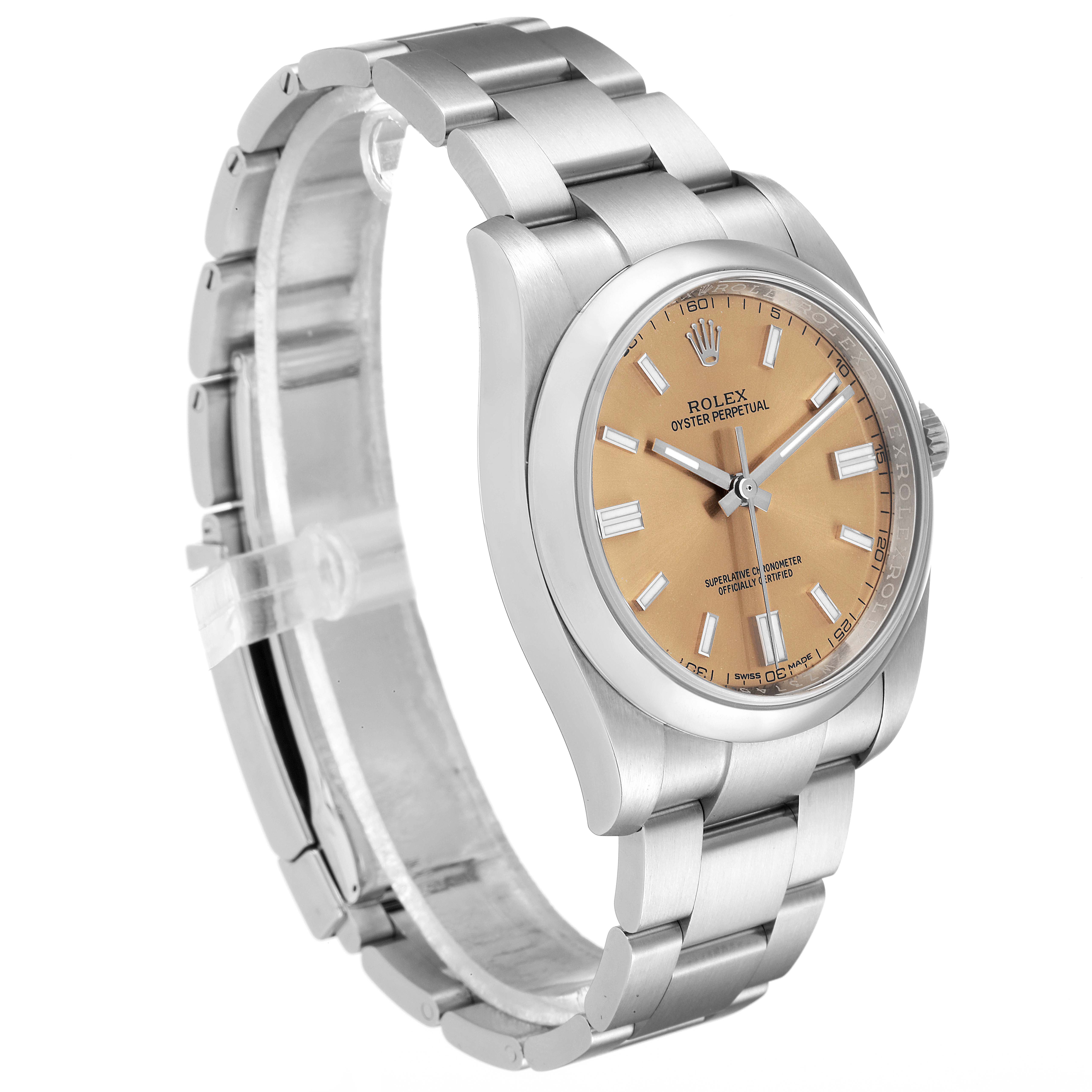 The Rolex Oyster Perpetual 116000 Men's Stainless Steel Champagne Dial 116000 Men's Stainless Steel Champagne Dial watch is shown at a three-quarter angle, highlighting its beige dial, silver casing, and metal bracelet.