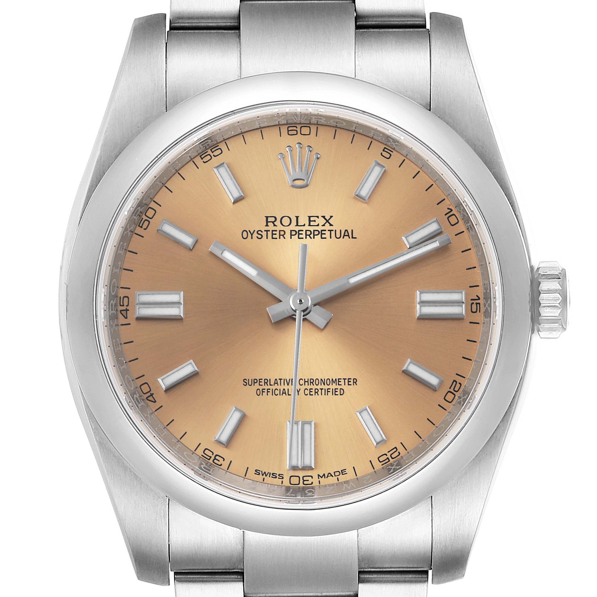 This image shows a frontal view of the Rolex Oyster Perpetual 116000 Men's Stainless Steel Champagne Dial 116000 Men's Stainless Steel Champagne Dial watch, highlighting its dial, hands, bezel, and part of the bracelet.