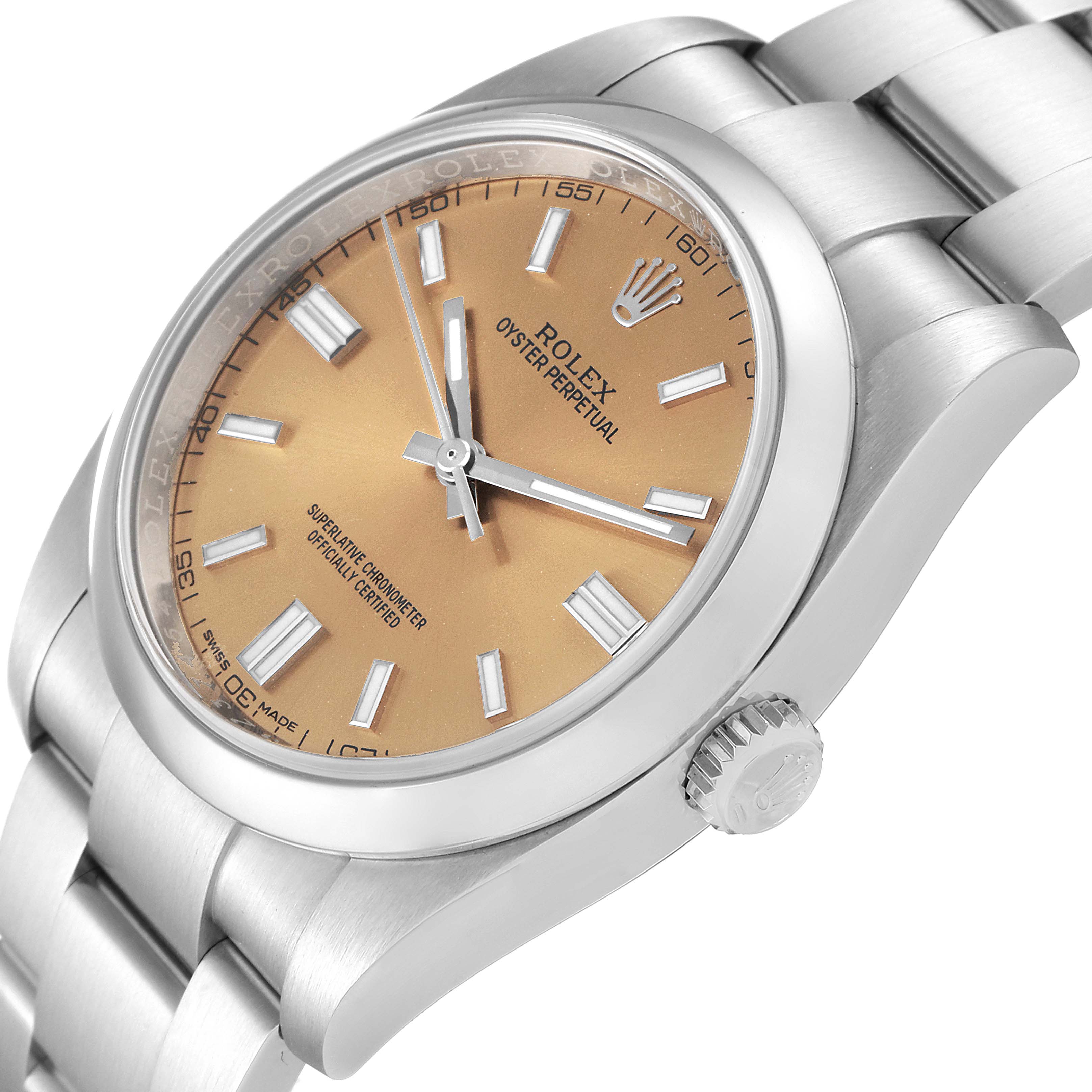 The Rolex Oyster Perpetual 116000 Men's Stainless Steel Champagne Dial 116000 Men's Stainless Steel Champagne Dial watch is shown from a three-quarter angle featuring the dial, bezel, and part of the bracelet.