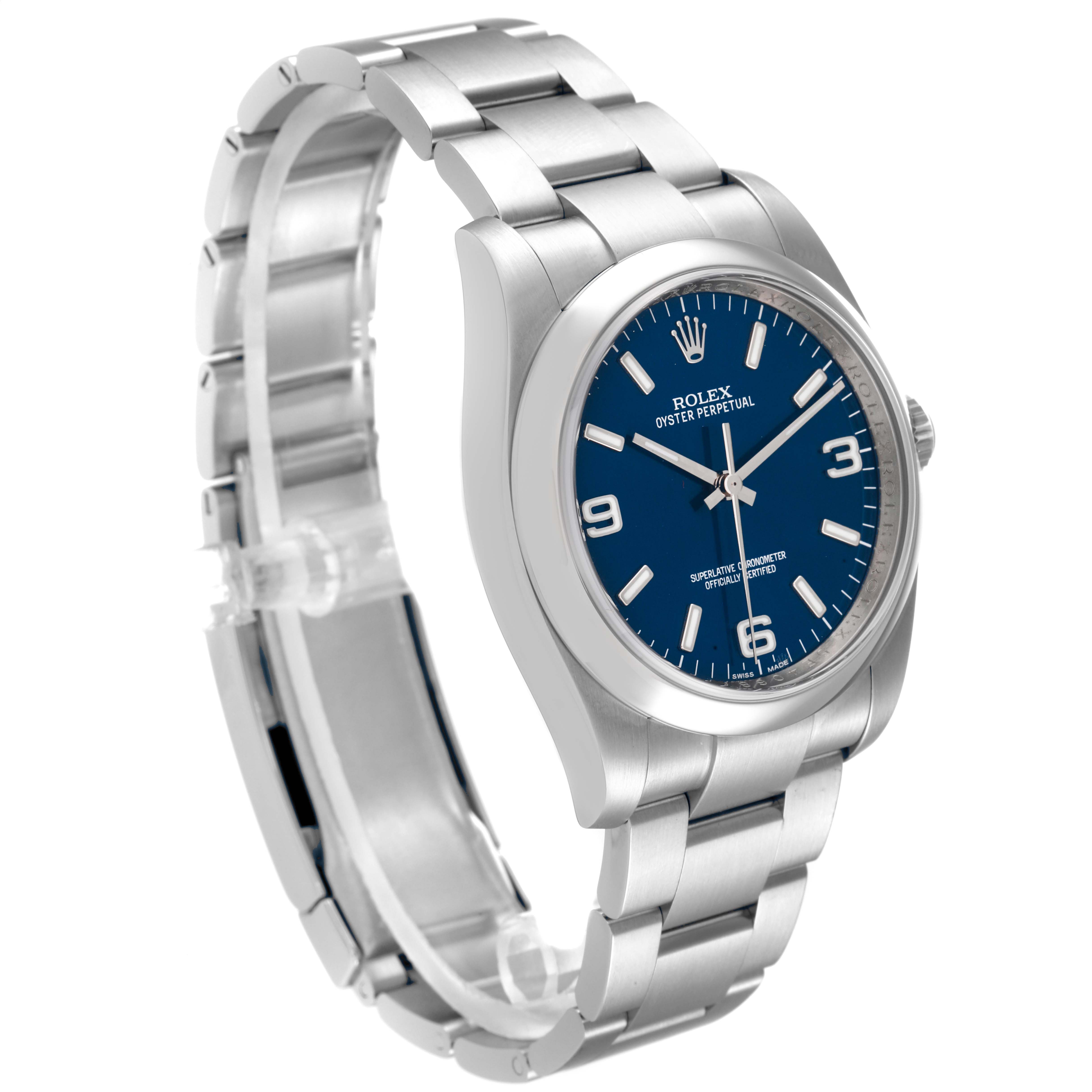 The image shows a Rolex Oyster Perpetual 116000 Men's Stainless Steel Blue Dial 116000 Men's Stainless Steel Blue Dial watch, angled to display the blue dial, bezel, and stainless steel bracelet.