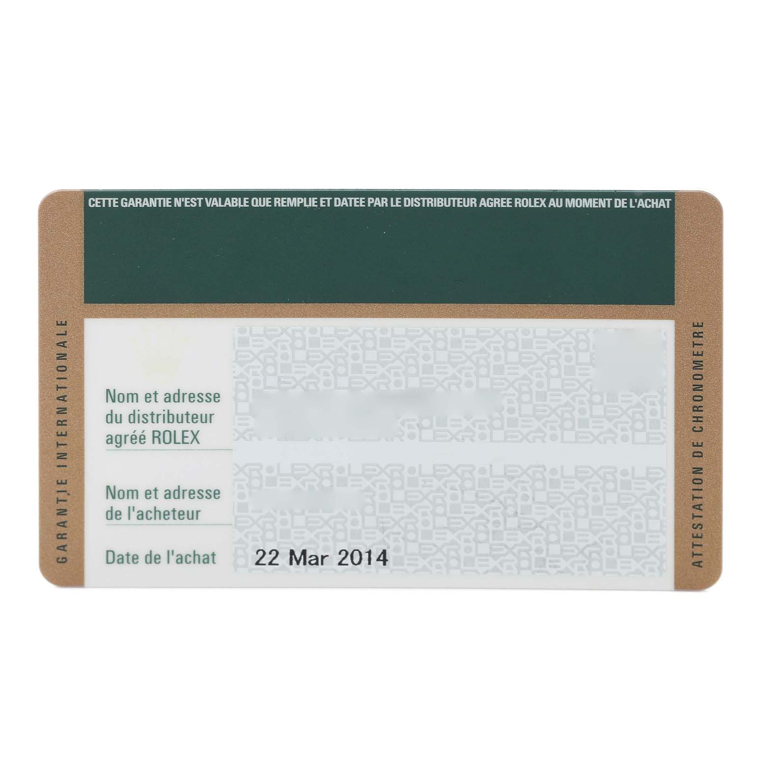 This image shows the warranty card for the Rolex Oyster Perpetual 116000 Men's Stainless Steel Blue Dial 116000 Men's Stainless Steel Blue Dial model, displaying purchase details and date.