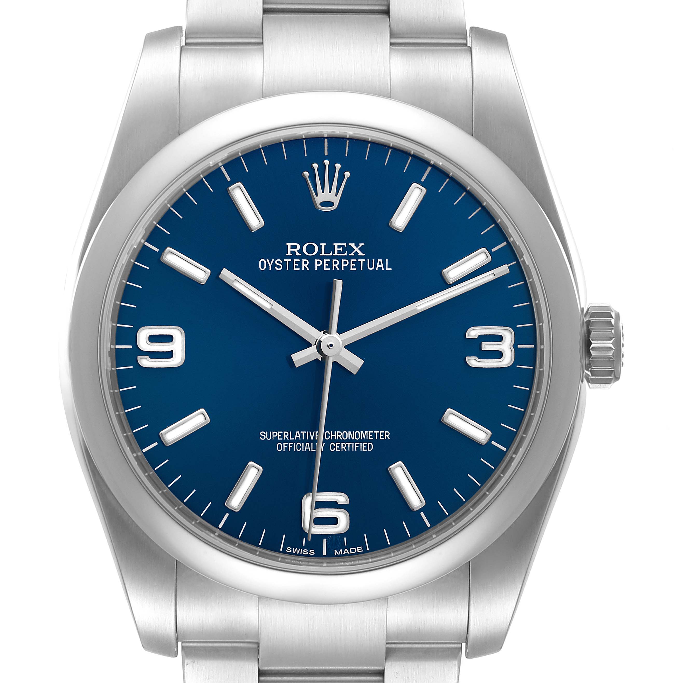 This image shows a front view of the Rolex Oyster Perpetual 116000 Men's Stainless Steel Blue Dial 116000 Men's Stainless Steel Blue Dial watch, showcasing its blue dial, stainless steel case, and bracelet.