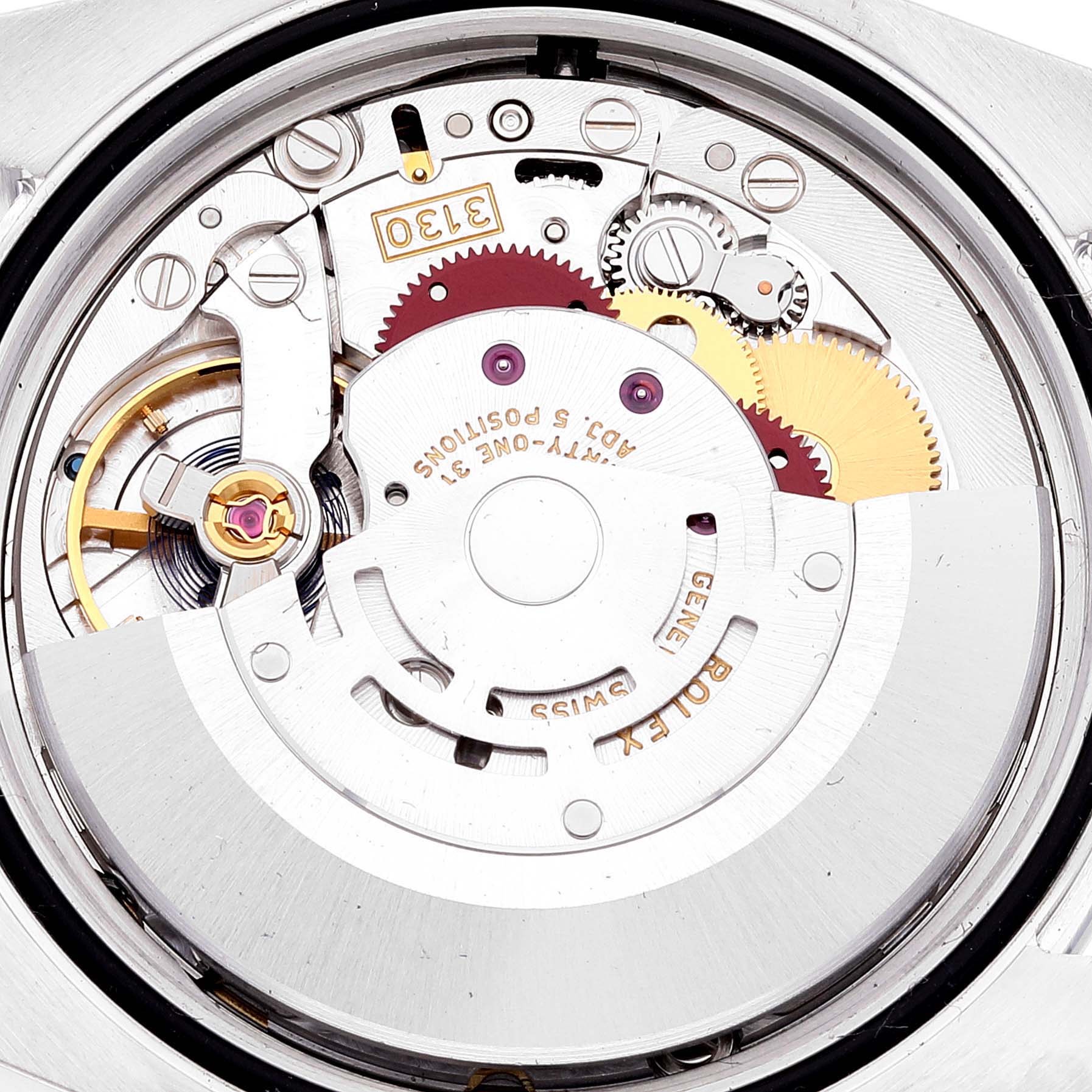 The image shows the internal mechanism of a Rolex Oyster Perpetual 116000 Men's Stainless Steel Blue Dial 116000 Men's Stainless Steel Blue Dial watch, viewed from the back.